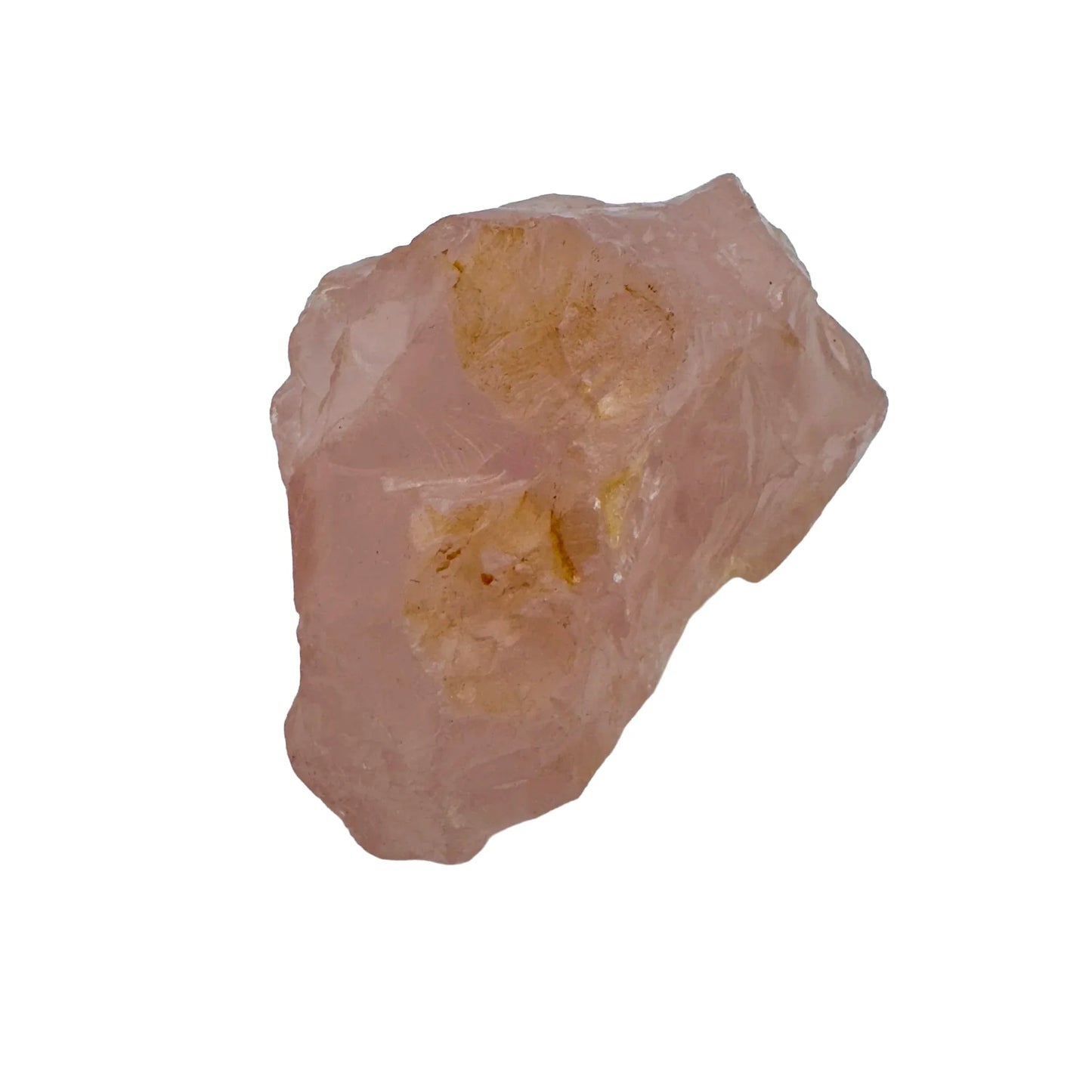 Side perspective of Rose Quartz specimen, sourced from Alaotra-Mangoro, Madagascar, showing earthy tone.