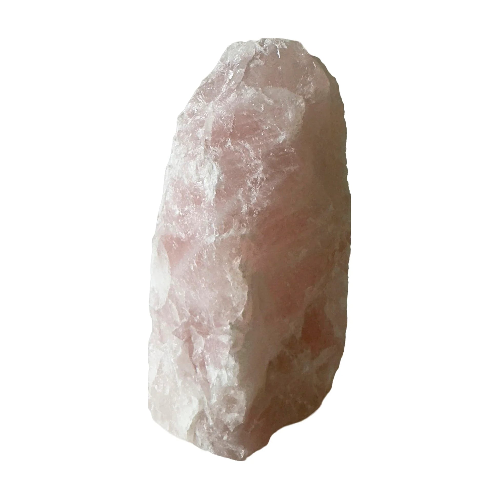 Rose quartz crystal lamp, side angle showing soft natural pink