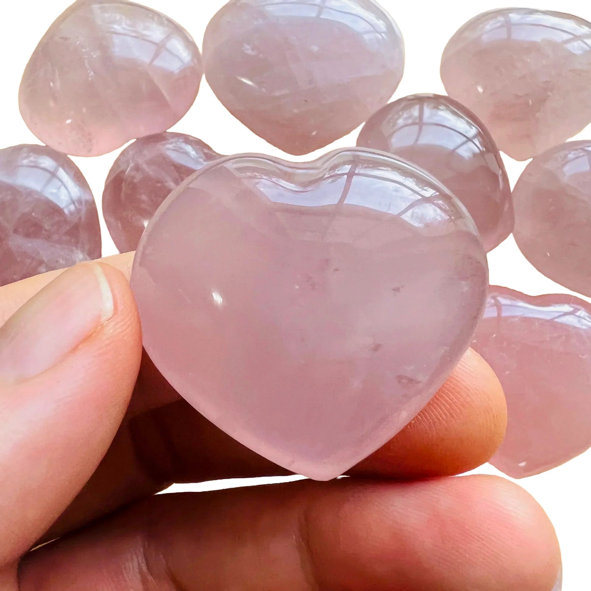 Full profile of Grade AA Rose Quartz heart ready to ship from Beyond Bohemian