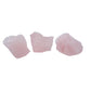 Three AA grade Rose Quartz chunks from Minas Gerais, Brazil, lined up on white to show the 1 to 2 inch size and soft blush color.