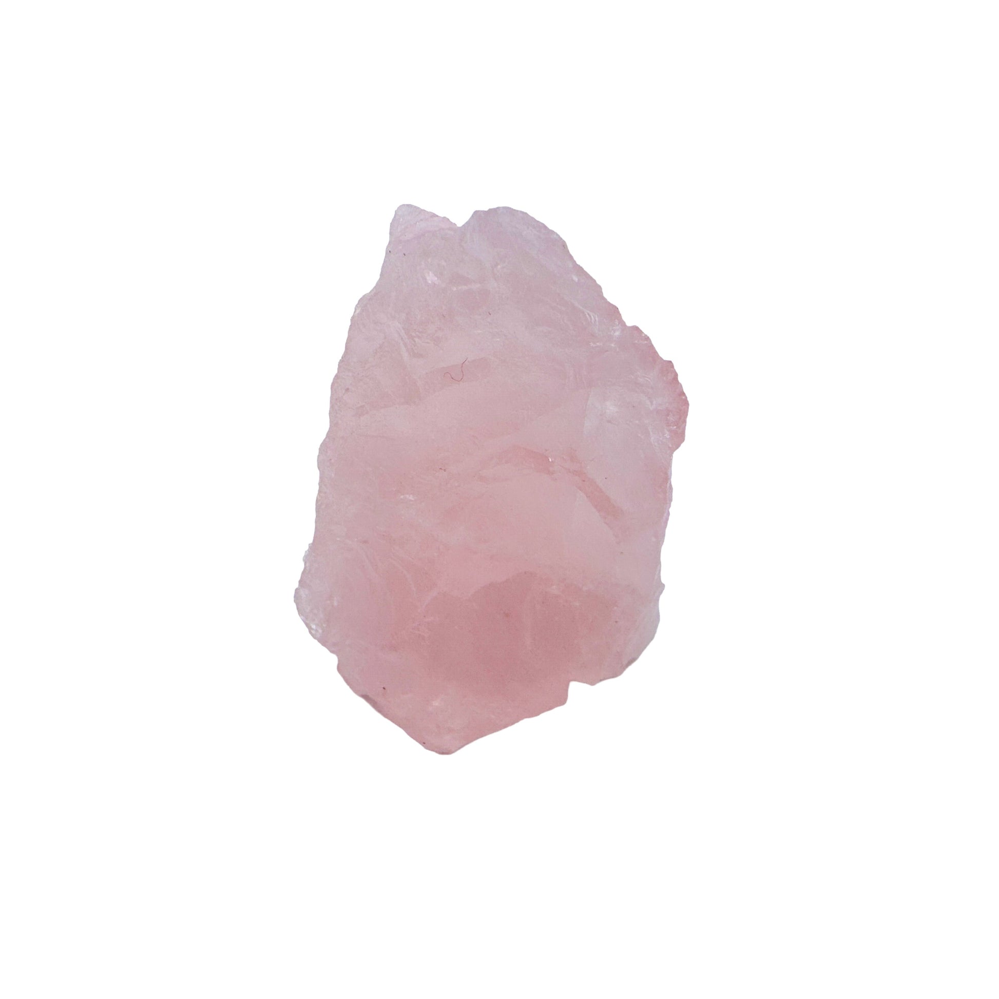 Single Rose Quartz specimen standing upright, its fractured faces catching light across a saturated pink body.