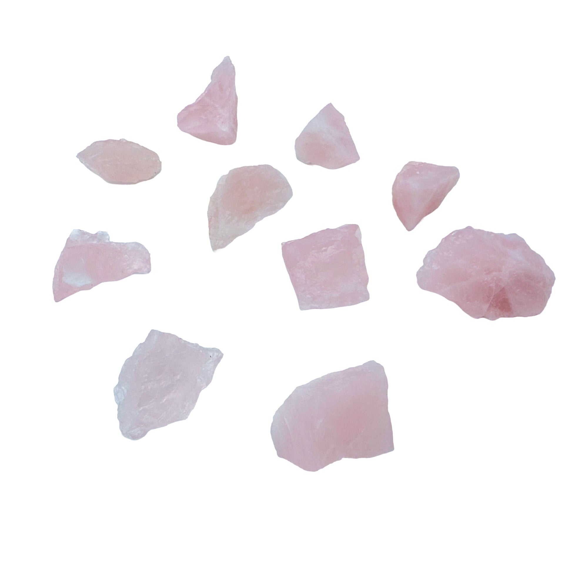 Assortment of twelve raw Rose Quartz pieces scattered on white, showing the range of shapes broken from the same Brazilian material.