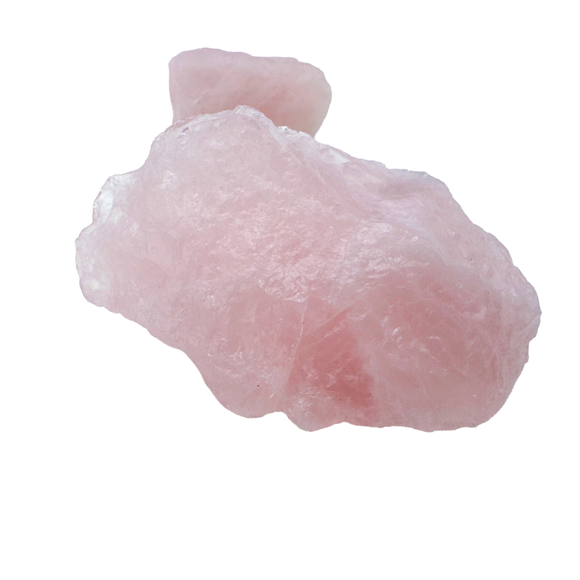 Close detail of one large Rose Quartz chunk, showing the cloudy internal structure and conchoidal fracture typical of the Minas Gerais material.