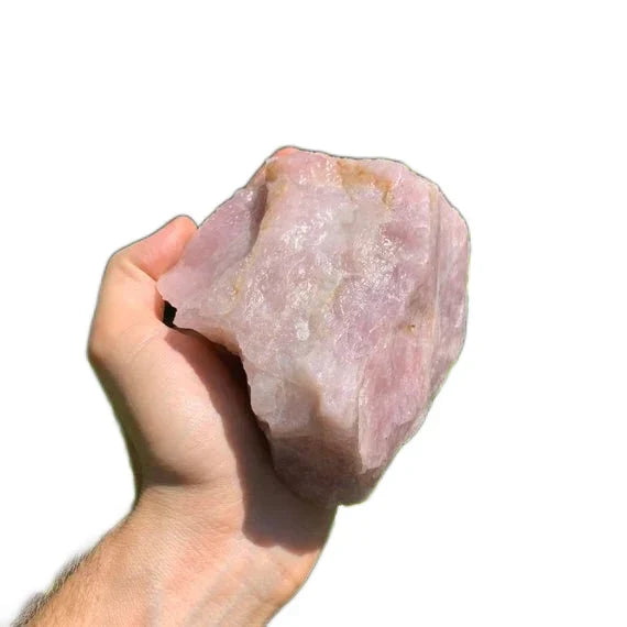 Edge-on view of pink Rose Quartz specimen, from Madagascar, often worked with for Love.