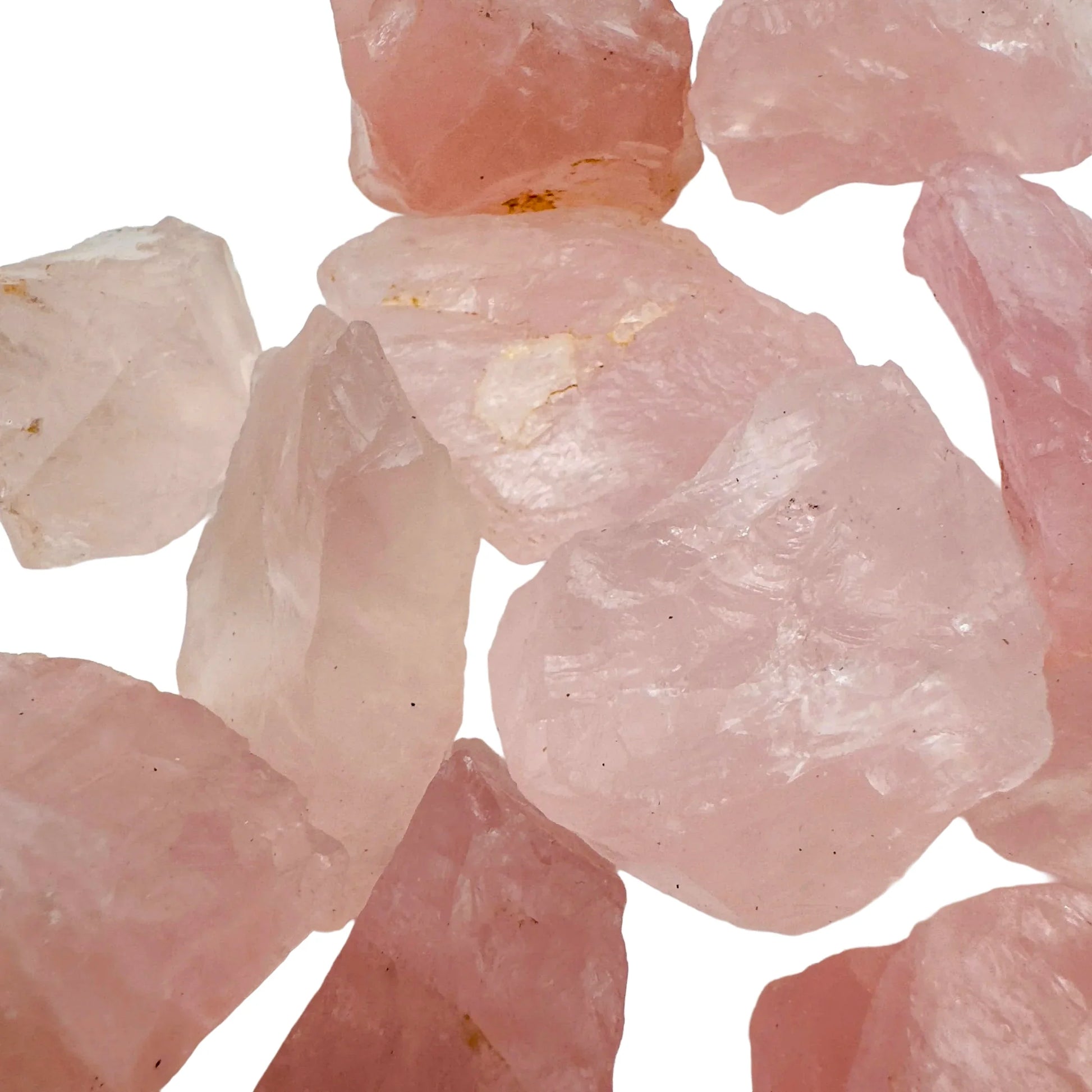 Hand-held view of a Rose Quartz raw stone, Namibia-sourced.