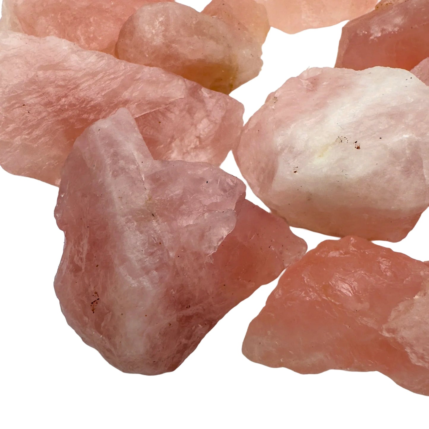 Looking down on Grade AA Rose Quartz raw stone, showing subtle veining, sourced from Erongo, Namibia.