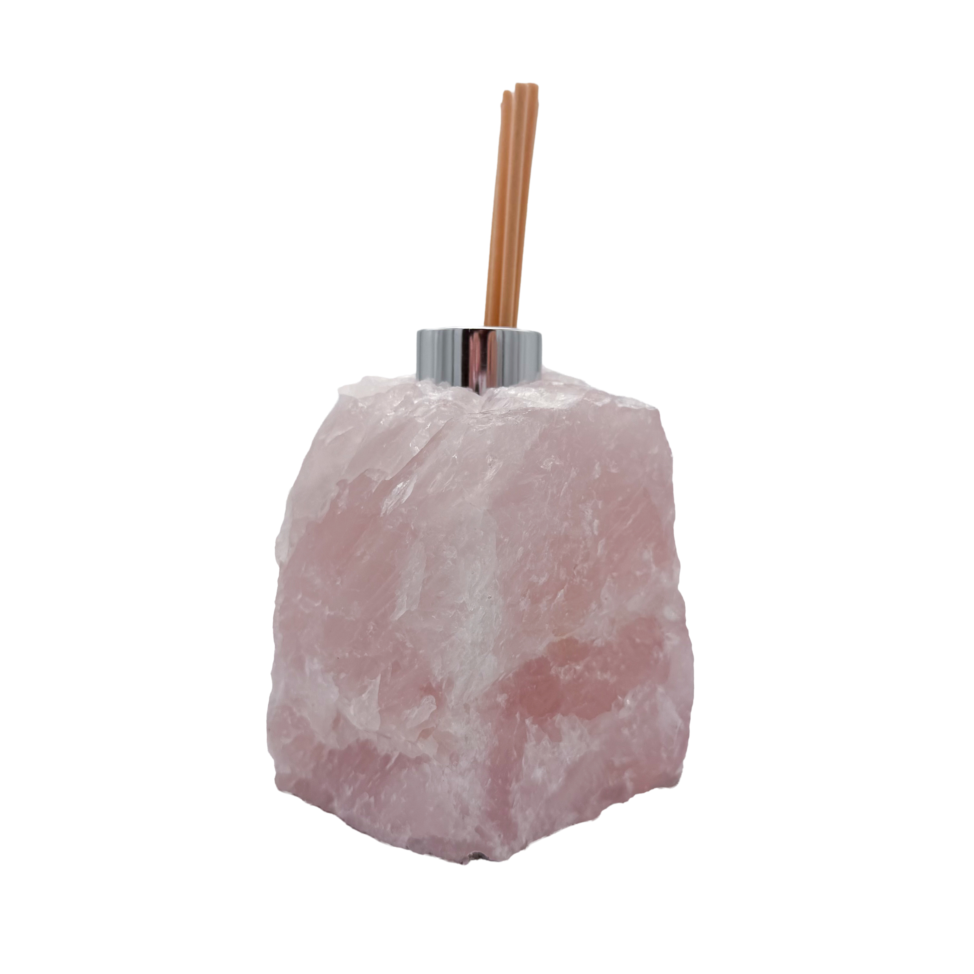 Rose quartz reed oil diffuser from Brazil, raw pink stone block with chrome collar and reeds