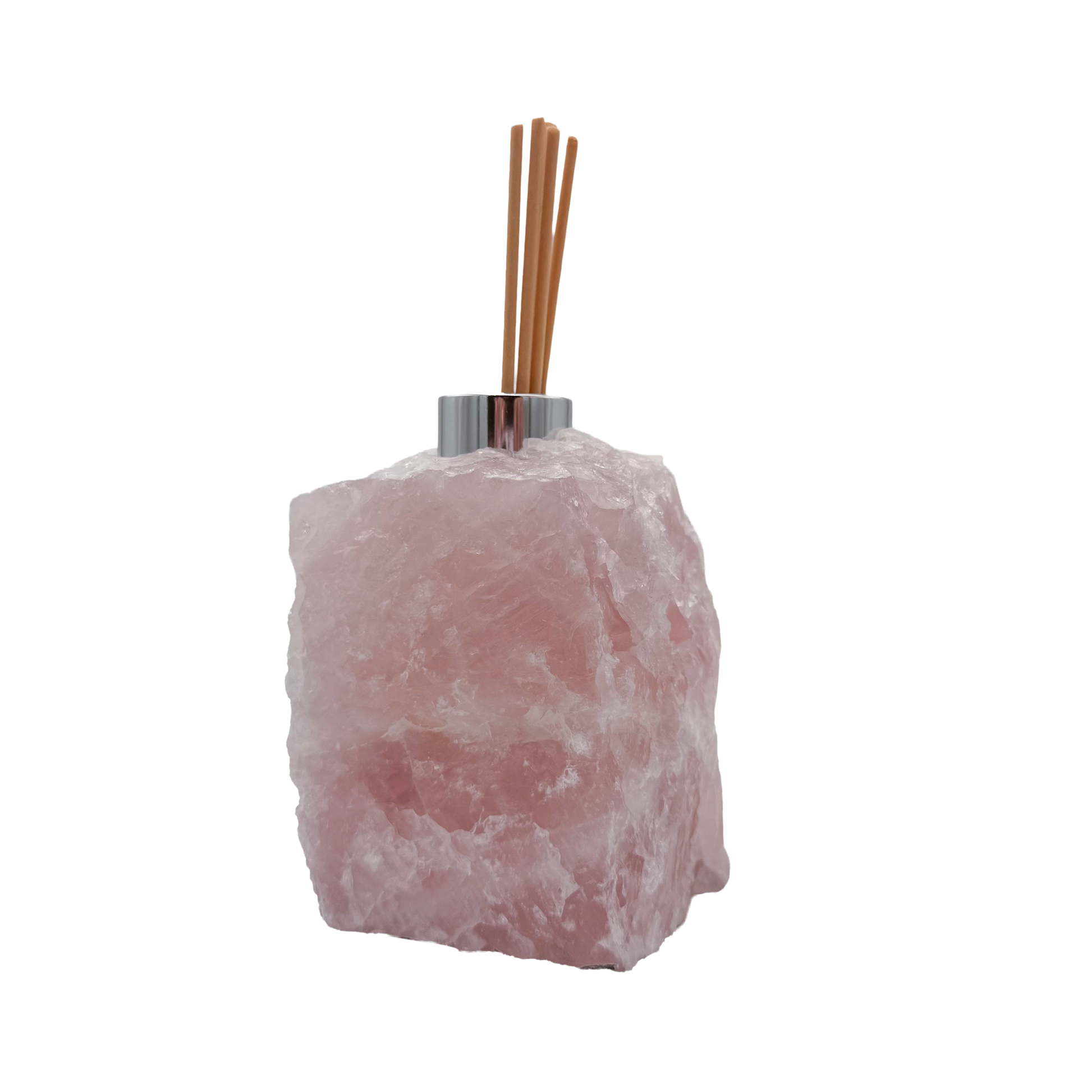 Rose quartz stone reed diffuser, natural rough exterior, Minas Gerais Brazil