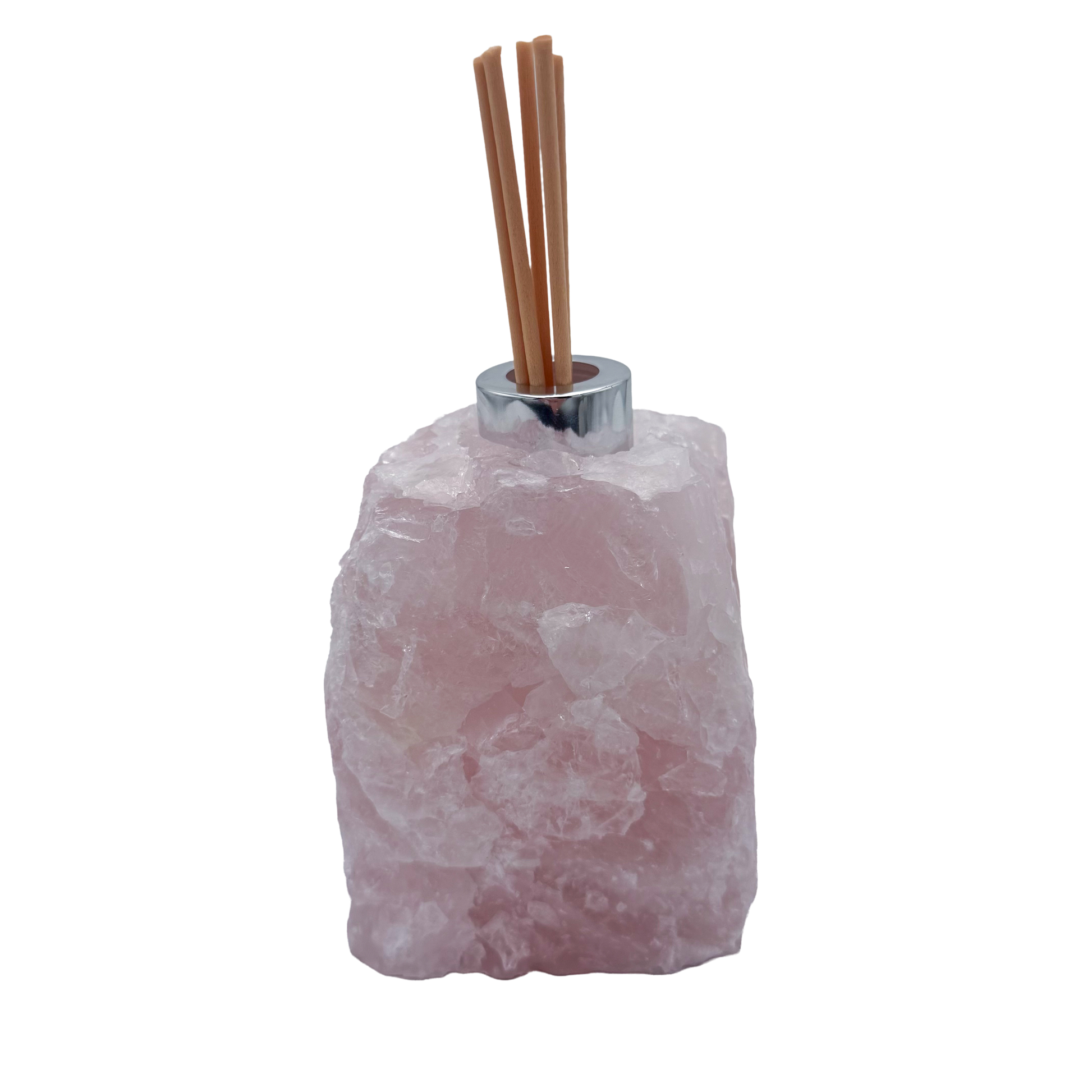 Rose quartz reed diffuser side profile, solid untreated pink quartz block