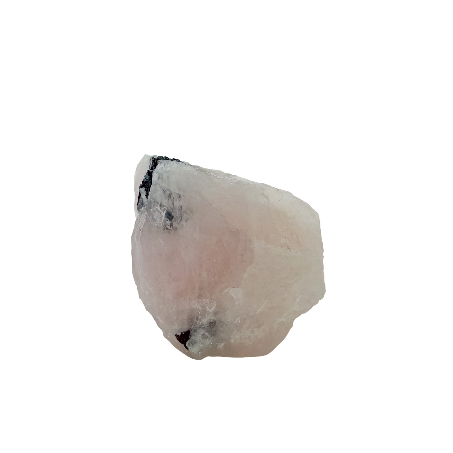 Close detail of black schorl blades in the blocky pink form, 212 g