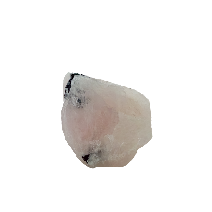Close detail of black schorl blades in the blocky pink form, 212 g