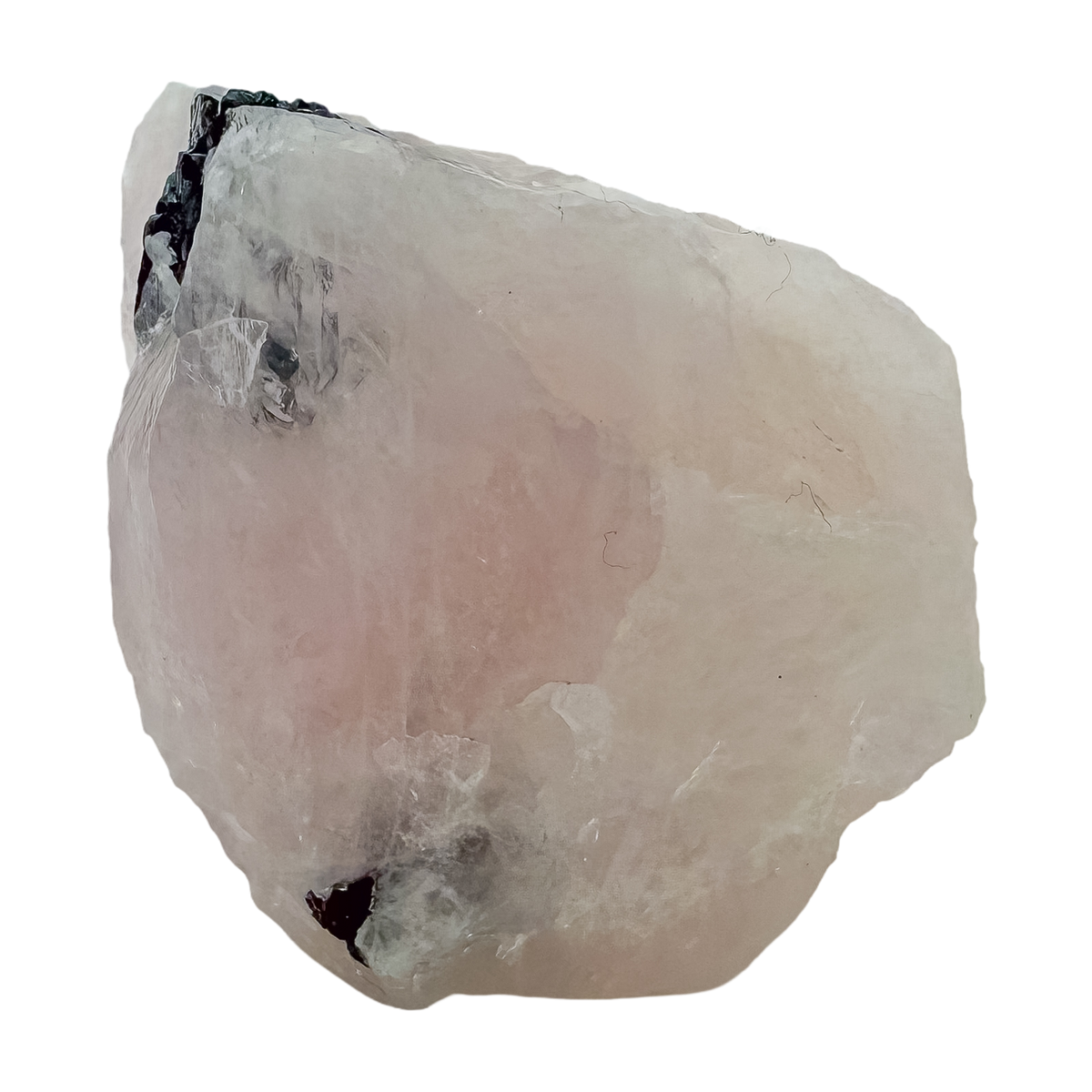 Close detail of black schorl blades in the blocky pink form, 212 g