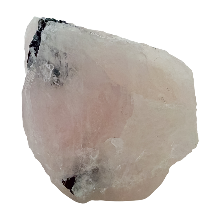 Close detail of black schorl blades in the blocky pink form, 212 g