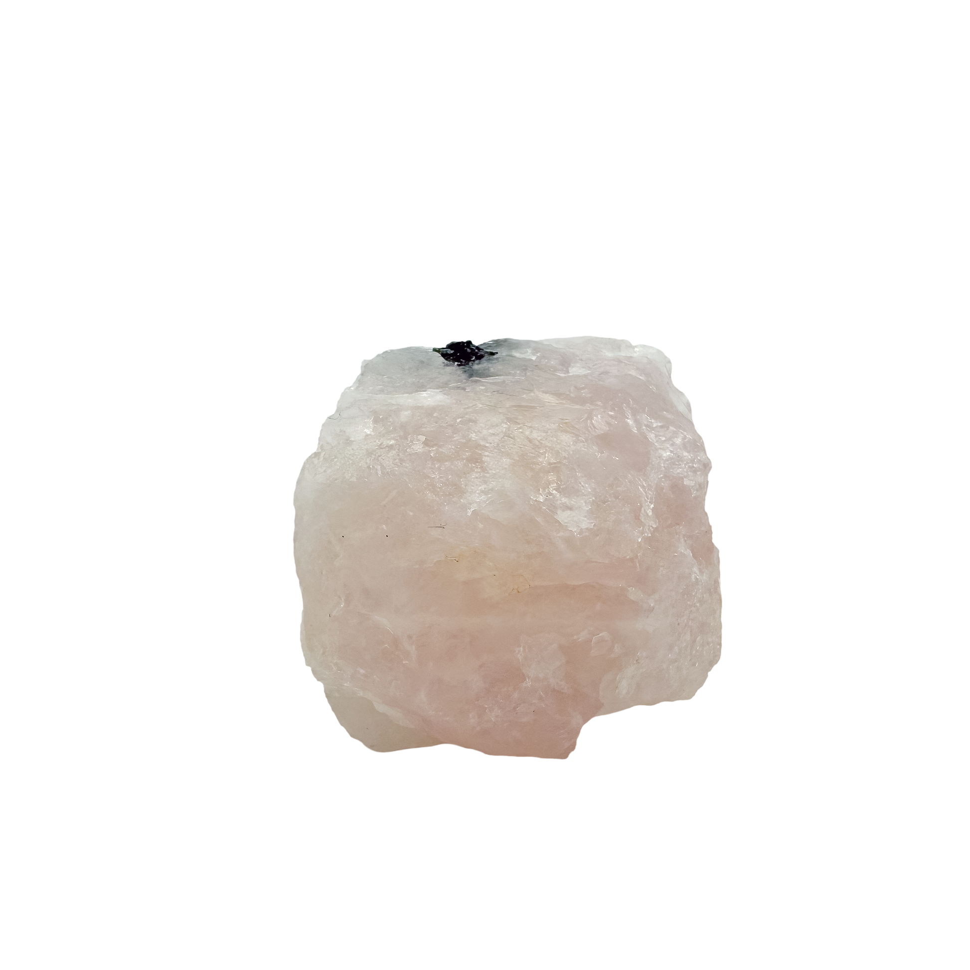 Rose quartz threaded with black tourmaline, the blocky pink form, 2.47 by 1.95 inches from Minas Gerais