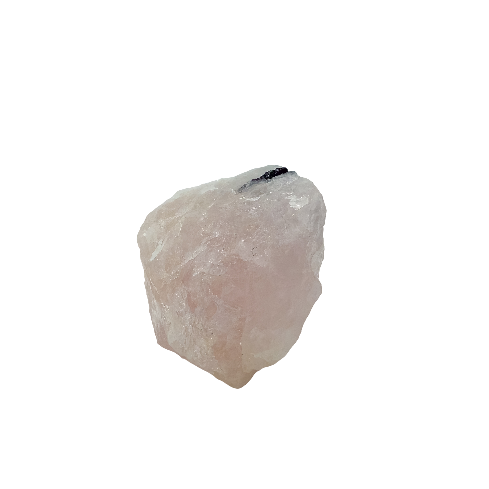 Side profile of the blocky pink form, 1.97 inches deep with tourmaline along the edge
