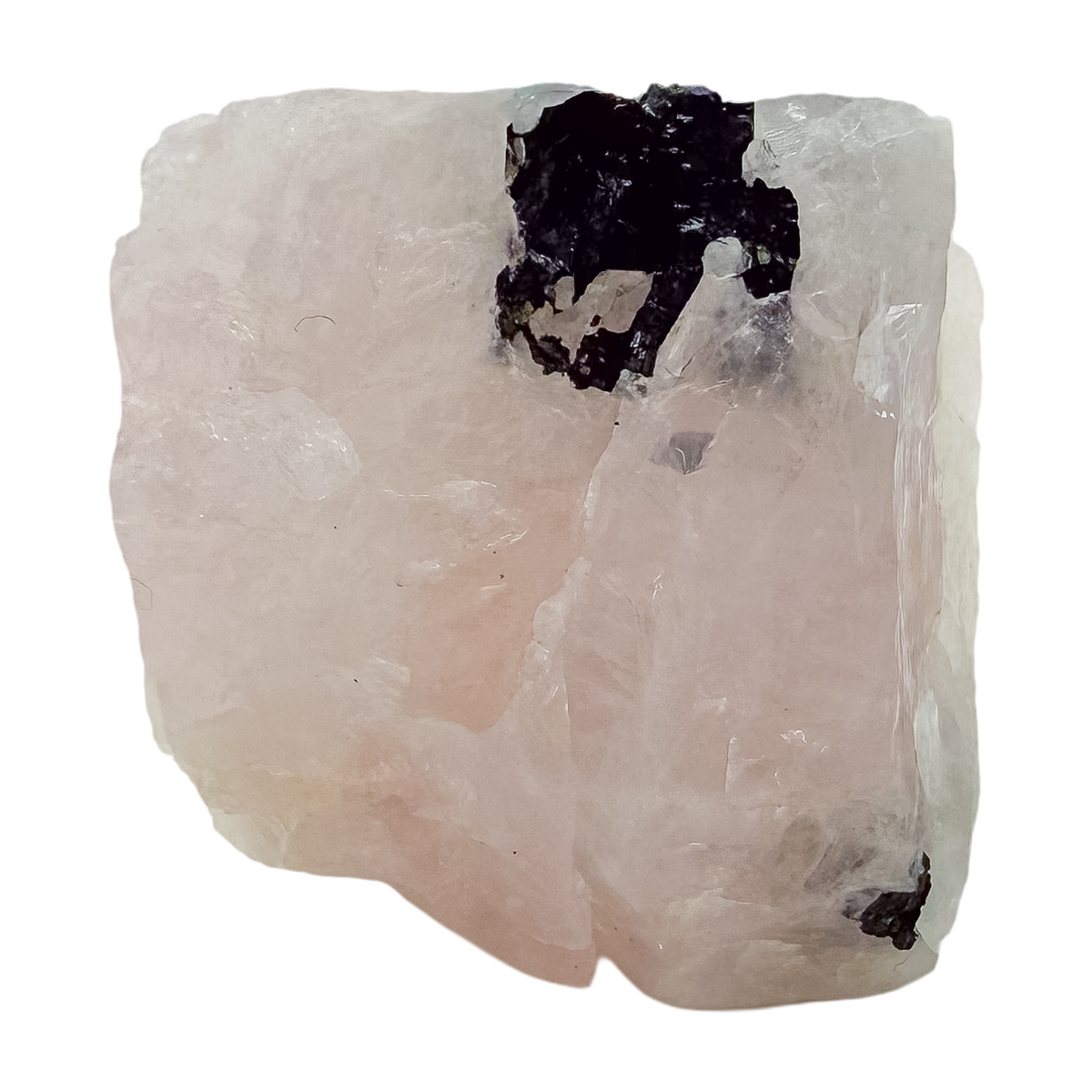 Angled view of the blocky pink form, pink ground against black prisms, 212 g