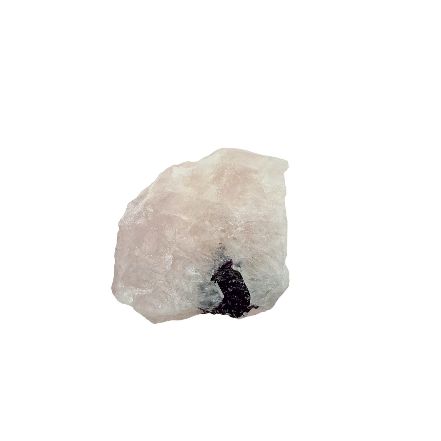 Reverse face of the blocky pink form, 212 g of rose quartz with tourmaline