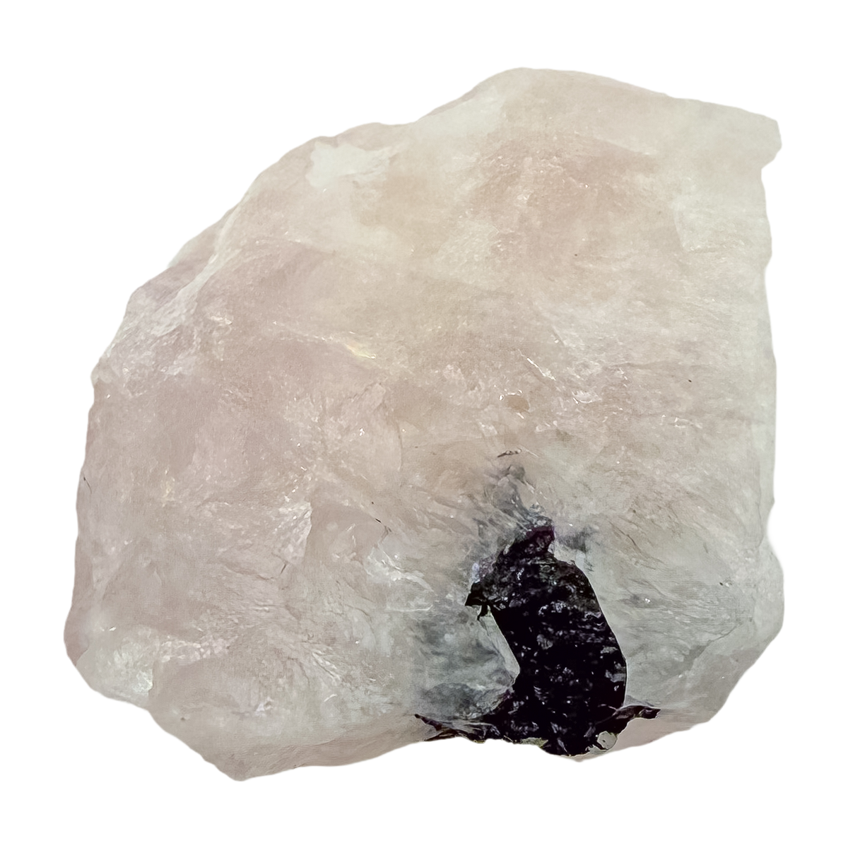 Reverse face of the blocky pink form, 212 g of rose quartz with tourmaline