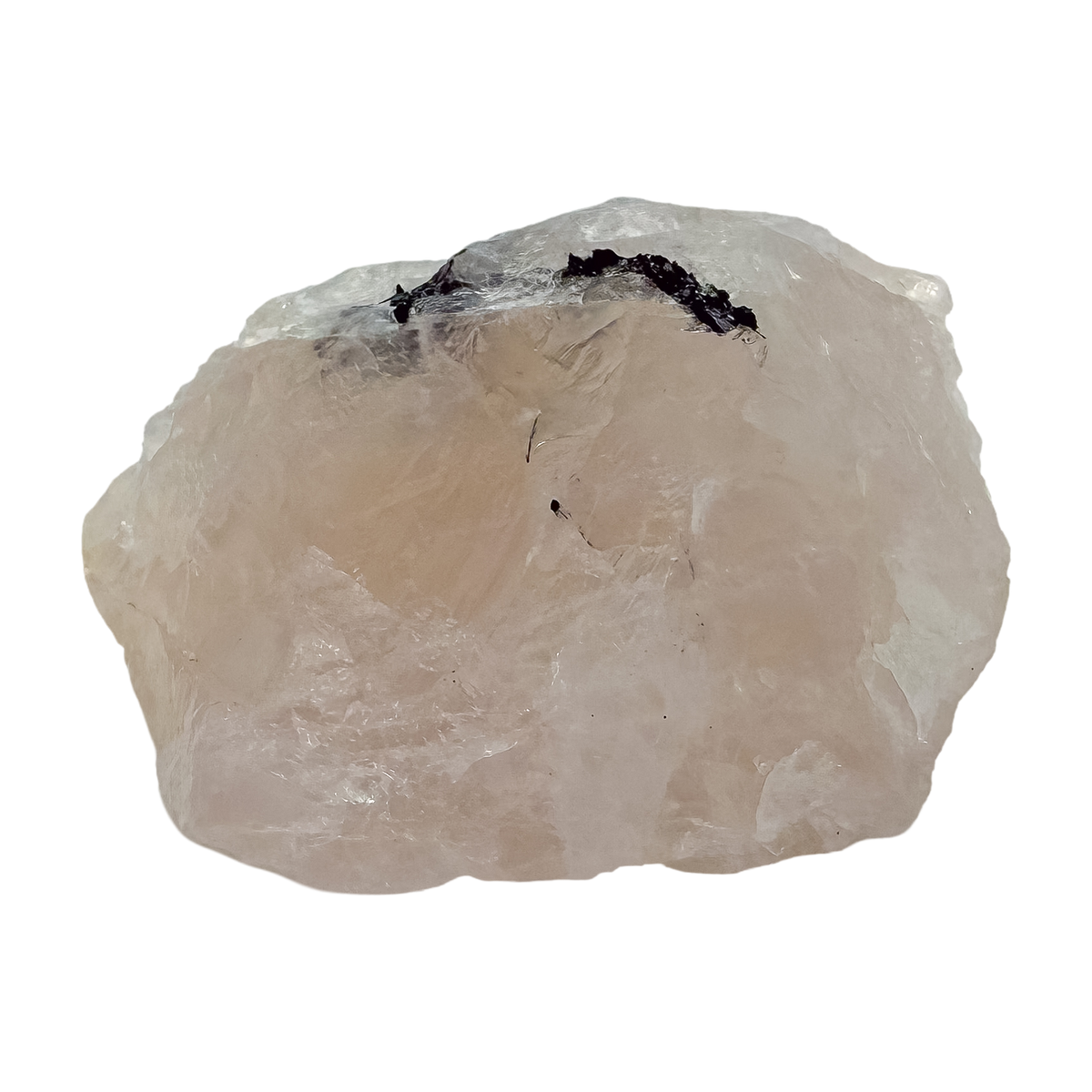 Rose quartz threaded with black tourmaline, the even pink body, 2.36 by 1.96 inches from Minas Gerais
