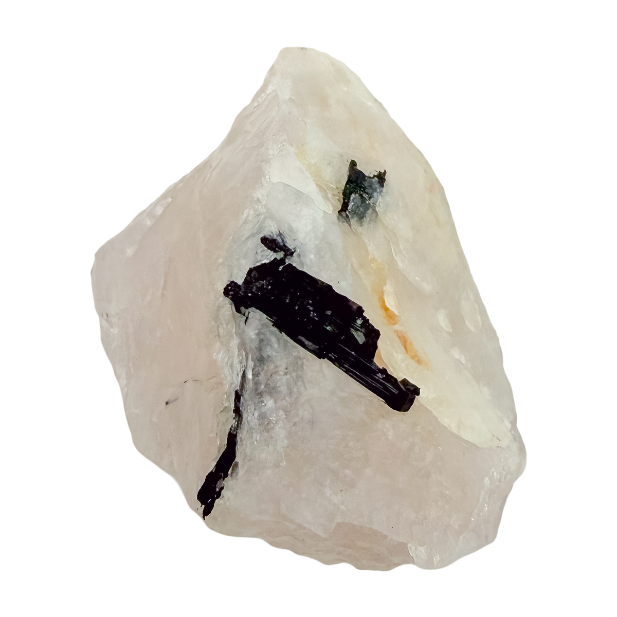 Reverse face of the even pink body, 128 g of rose quartz with tourmaline