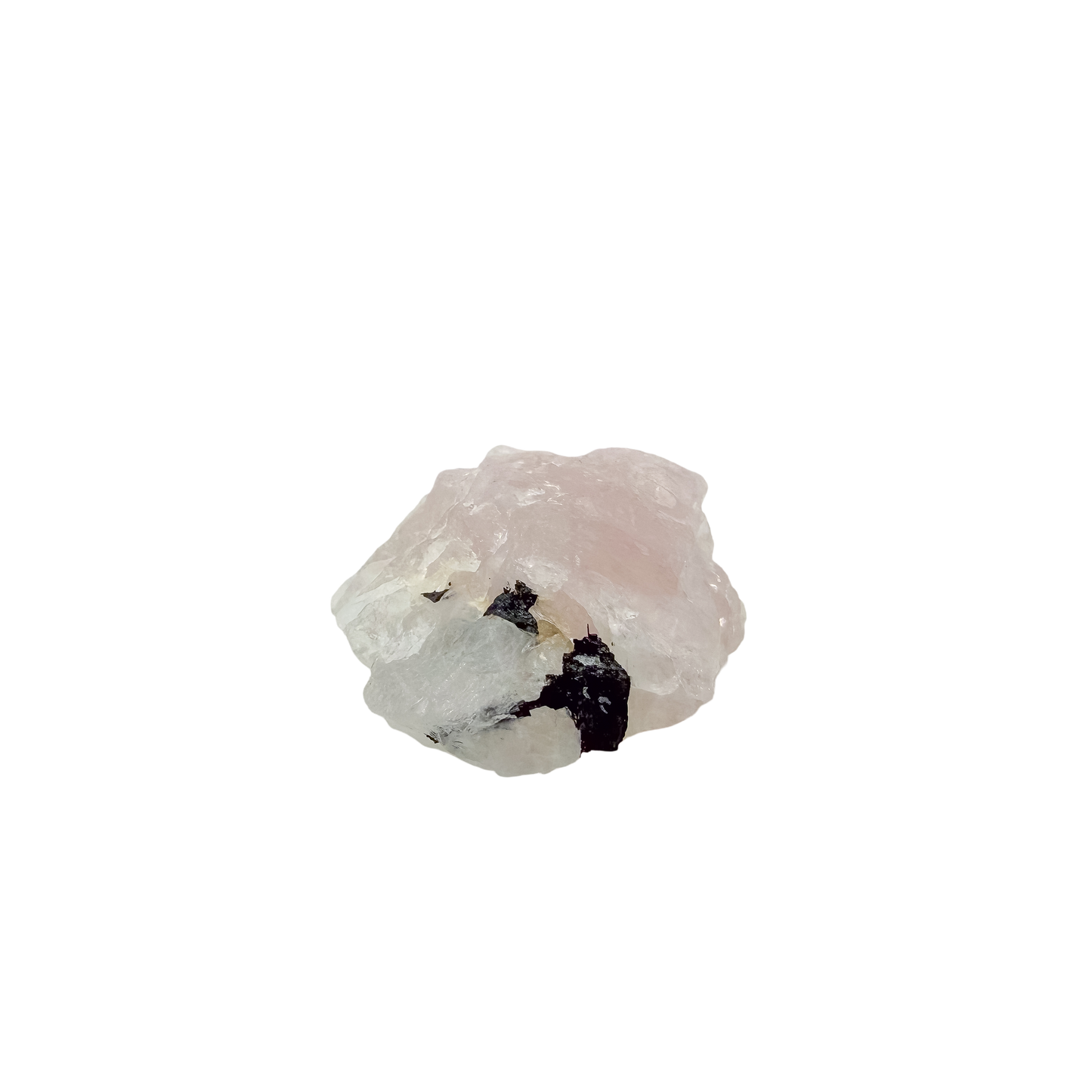 Detail of jet-black crystal against the pale pink of the longest of the lot