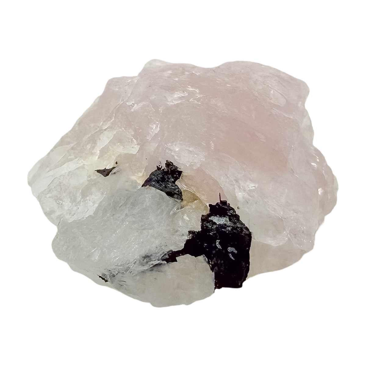 Detail of jet-black crystal against the pale pink of the longest of the lot