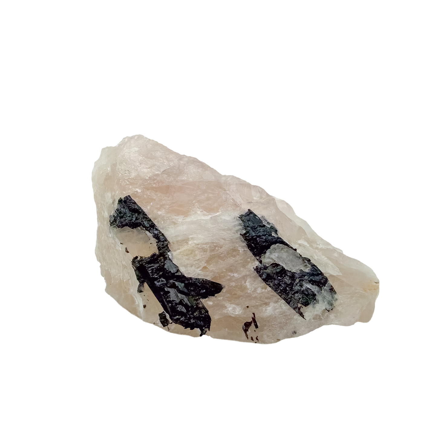 Reverse face of the long tourmaline vein, 141 g of rose quartz with tourmaline