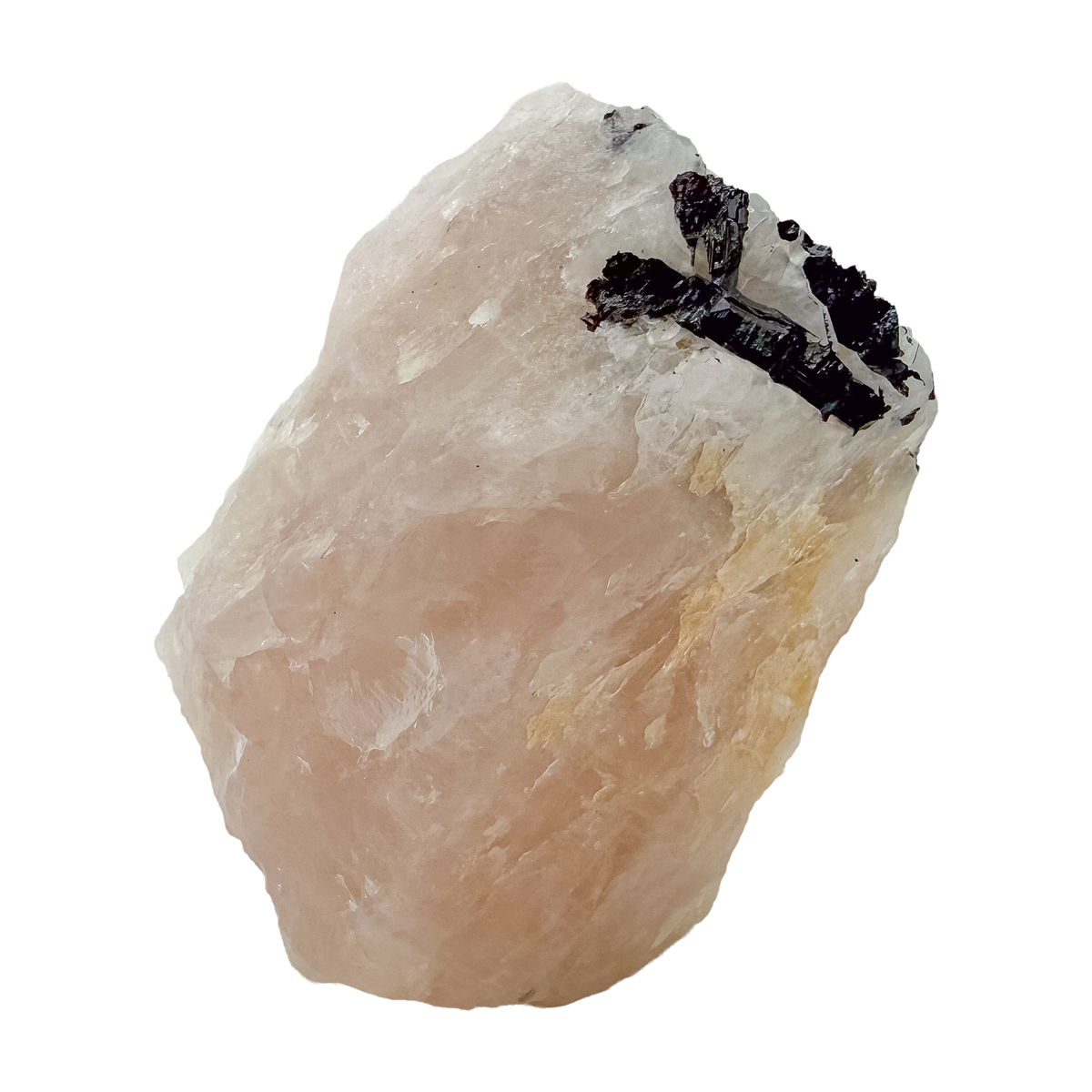 The elongated pink body turned to show tourmaline under the quartz, 164 g