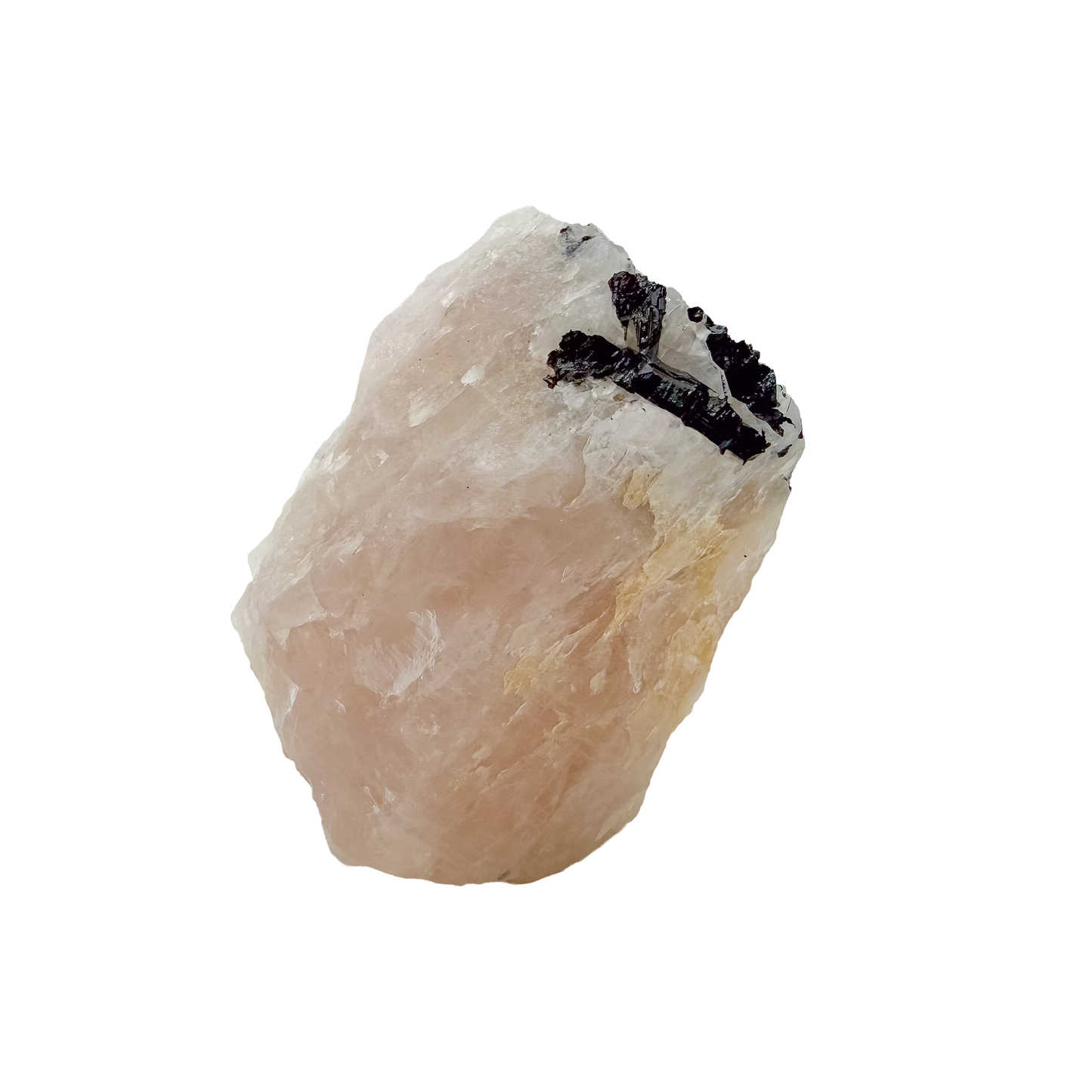 The elongated pink body turned to show tourmaline under the quartz, 164 g