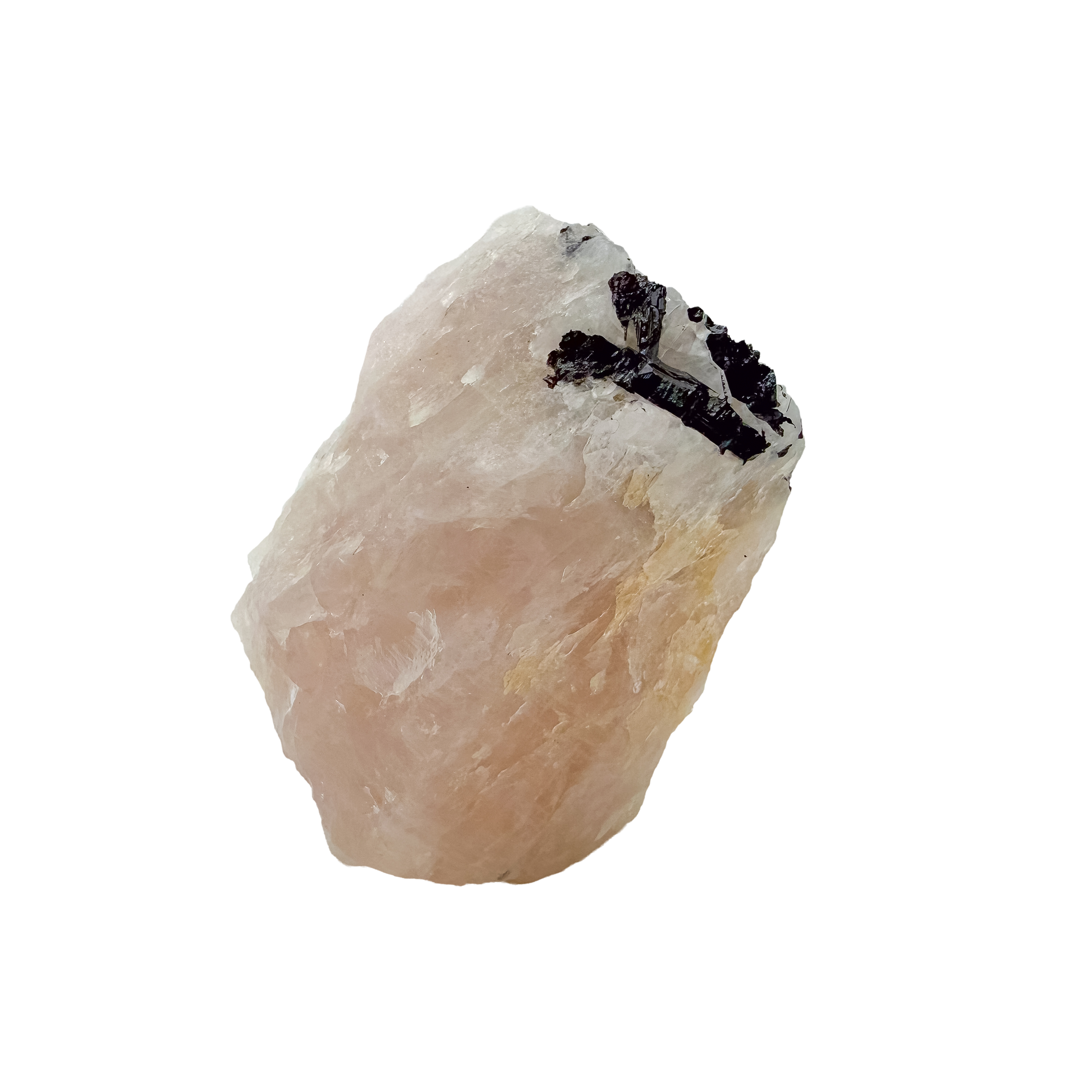 The elongated pink body turned to show tourmaline under the quartz, 164 g