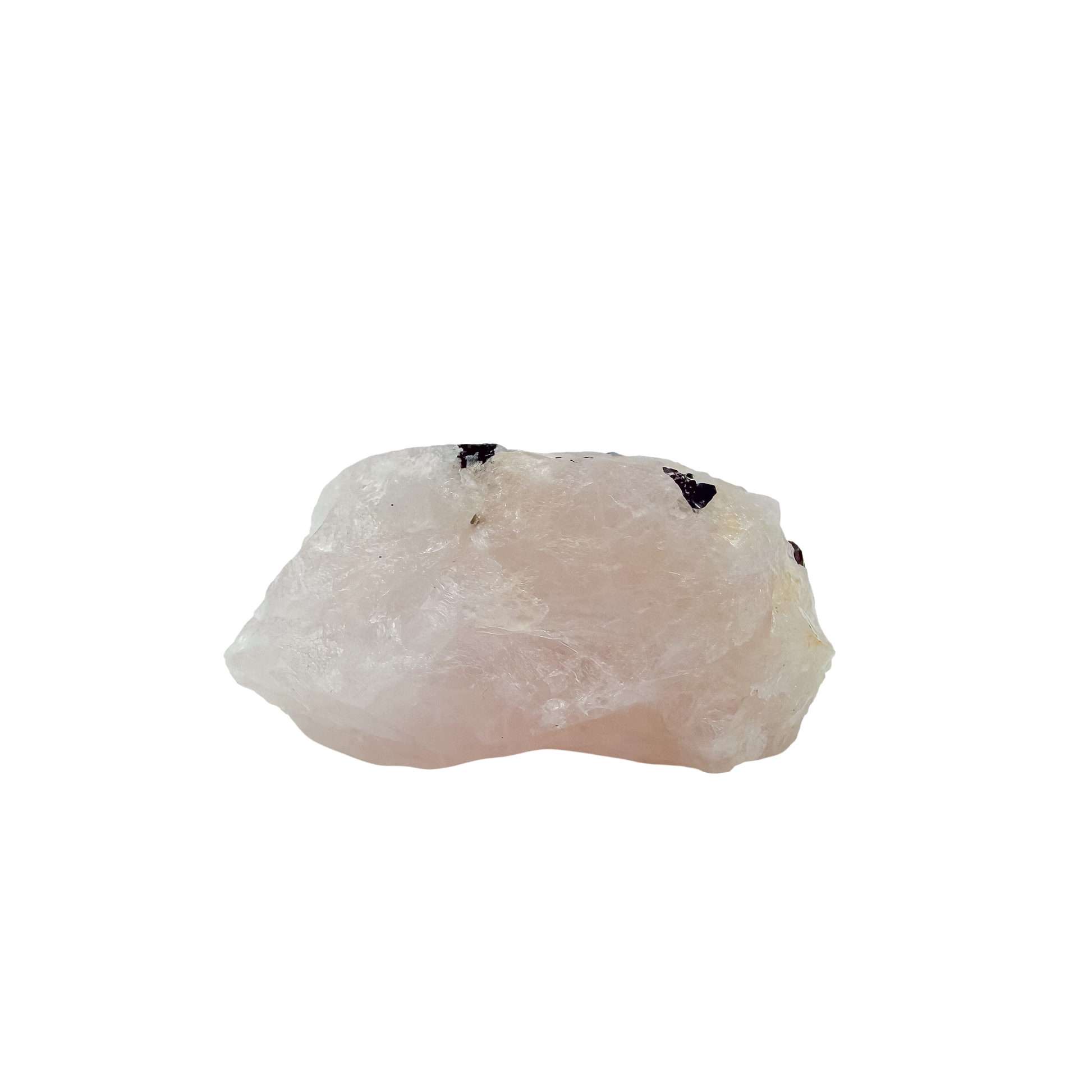 A 224 g pink quartz laced with dark tourmaline blades, the wide pink face