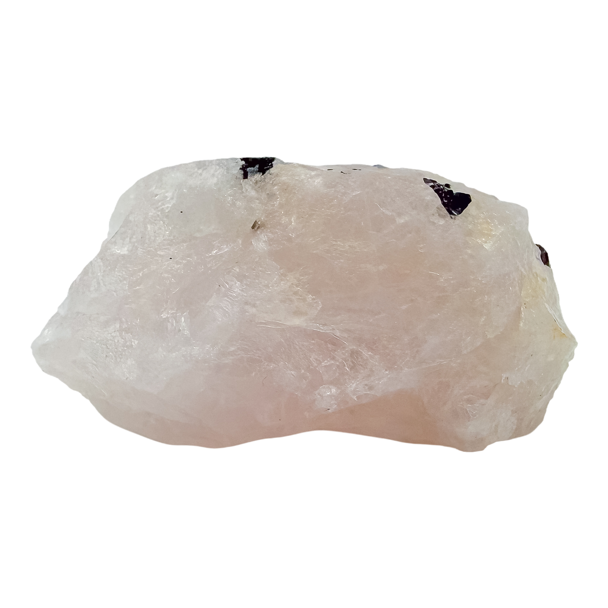 A 224 g pink quartz laced with dark tourmaline blades, the wide pink face