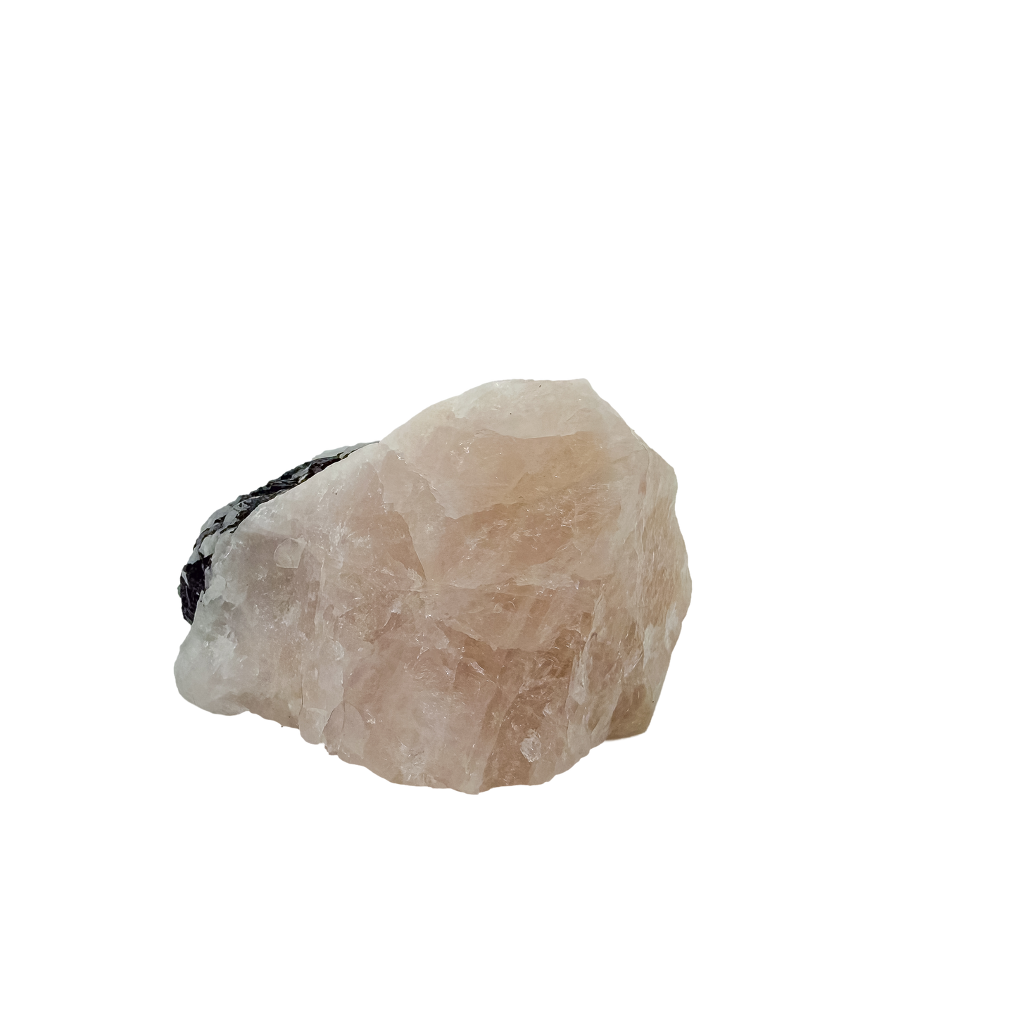Pink quartz cut through with jet-black tourmaline, the broad pink slab at 276 g