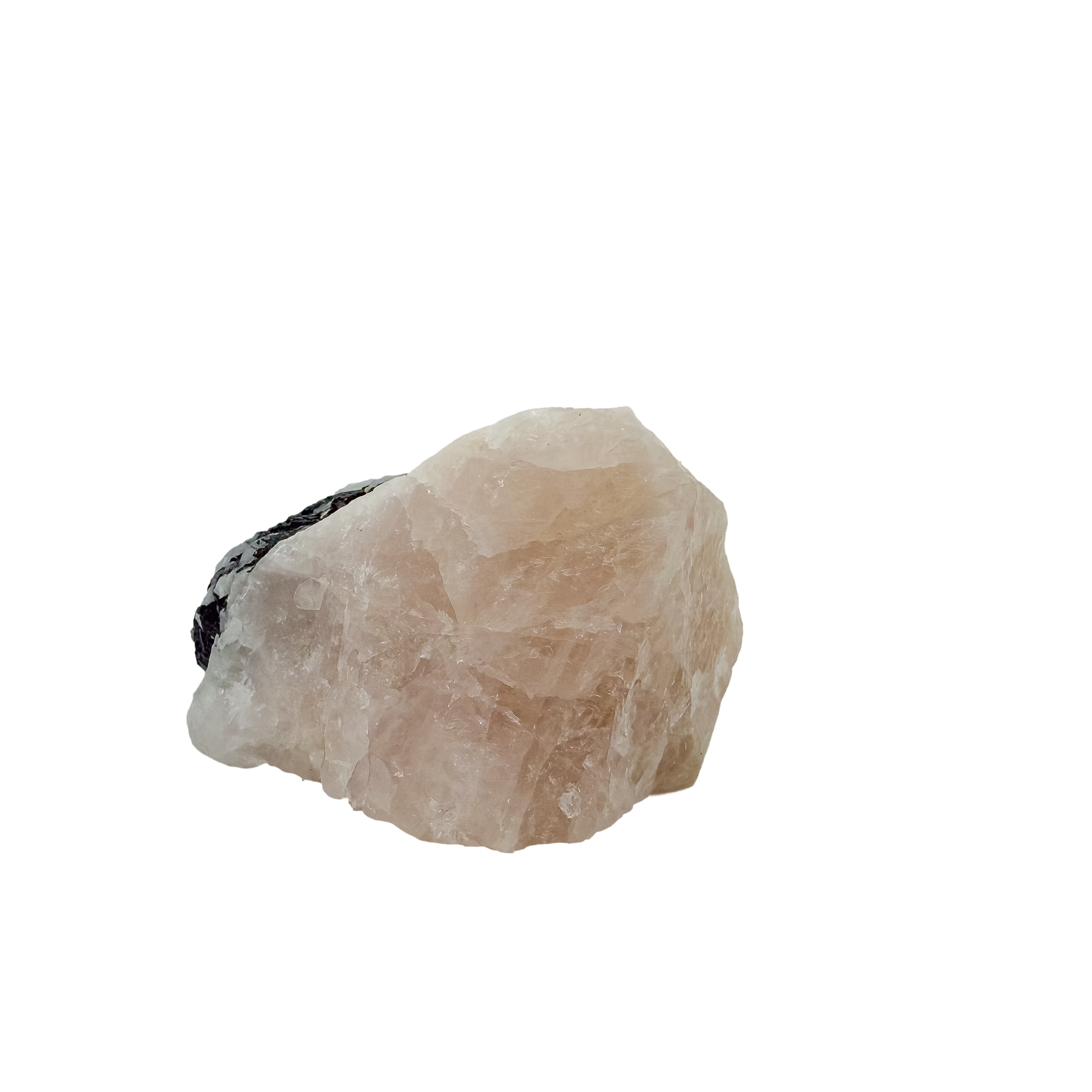 Pink quartz cut through with jet-black tourmaline, the broad pink slab at 276 g