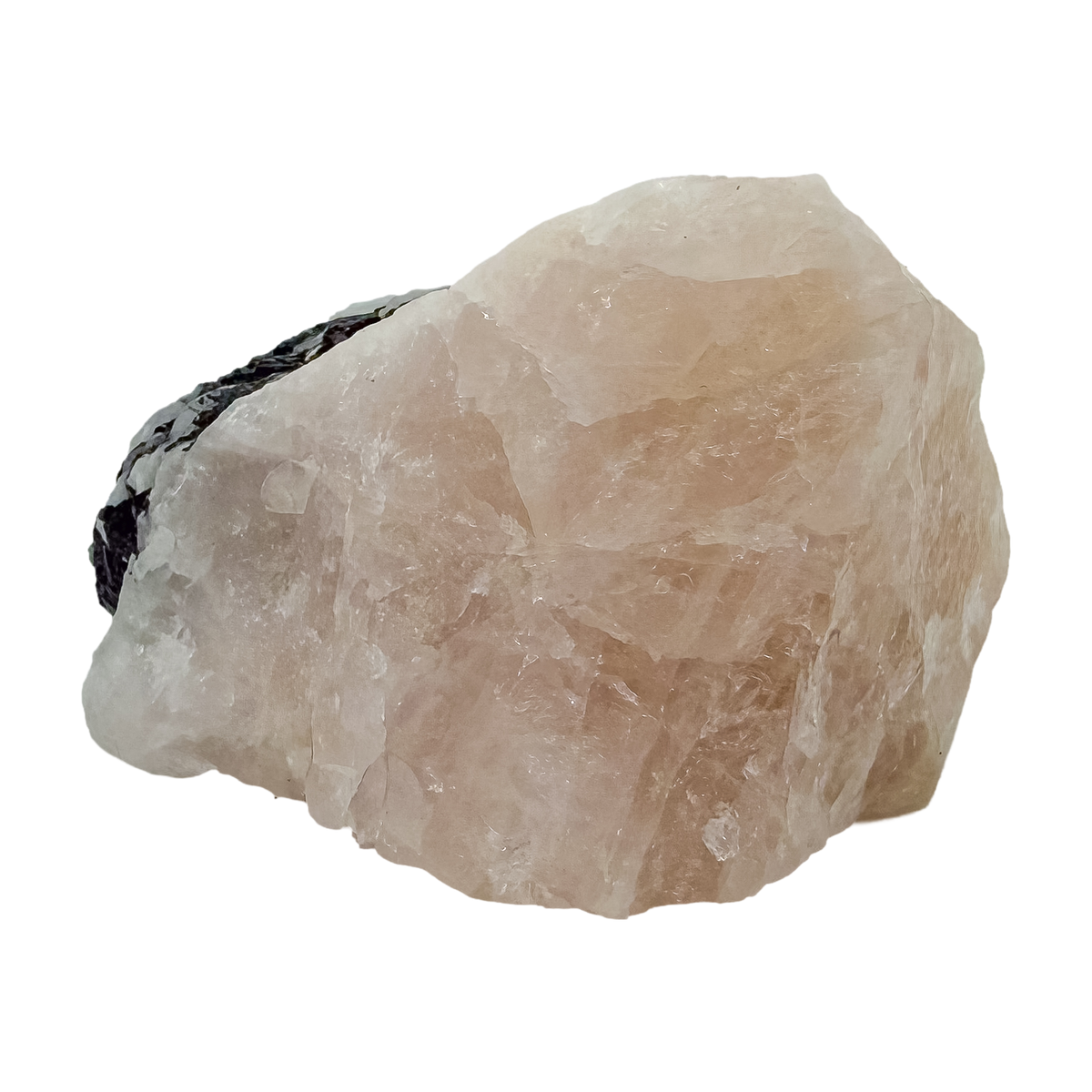 Pink quartz cut through with jet-black tourmaline, the broad pink slab at 276 g