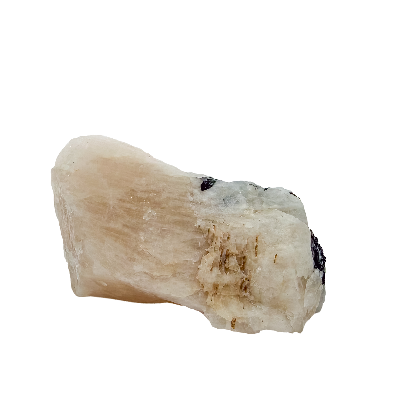 Three-quarter view of the broad pink slab, 3.16 inches long