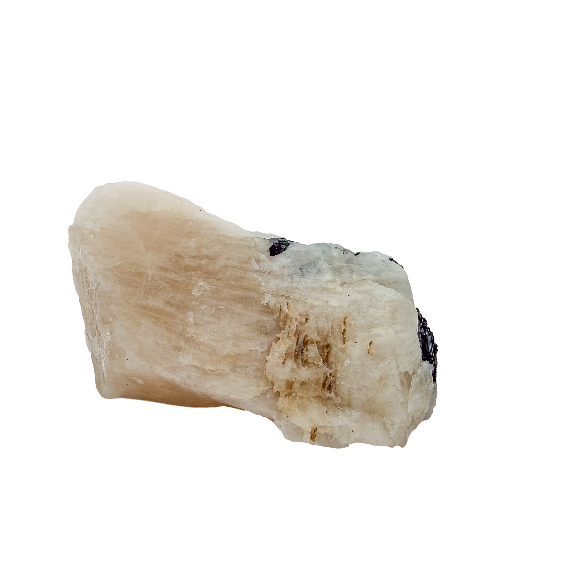 Three-quarter view of the broad pink slab, 3.16 inches long
