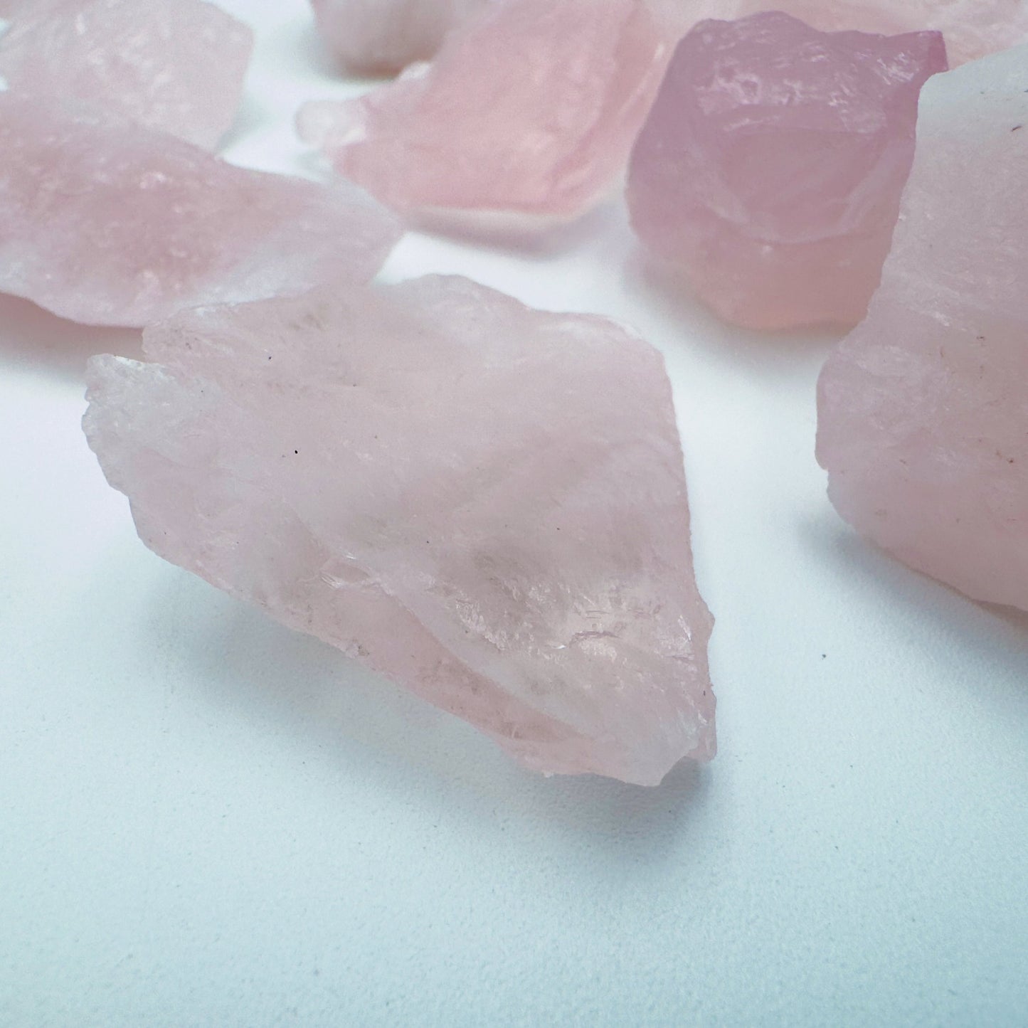 Top view of Grade AA Rose Quartz raw, sourced from Minas Gerais, Brazil