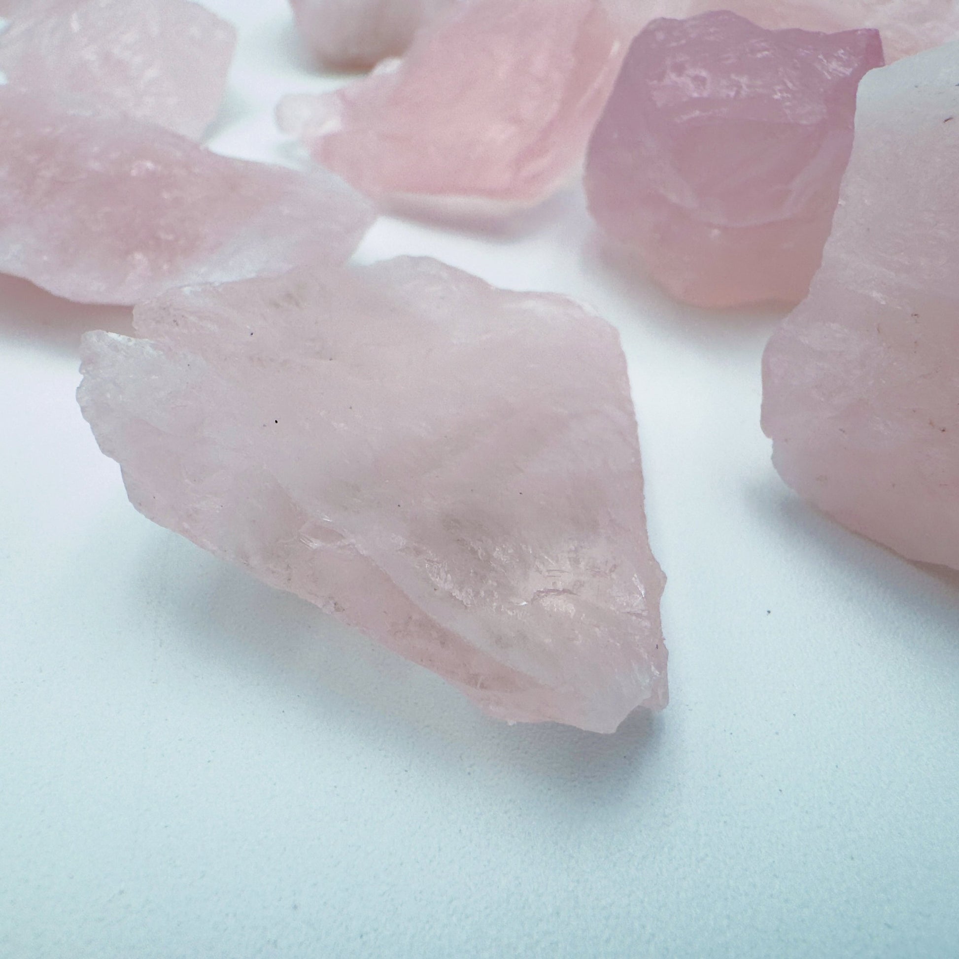 Top view of Grade AA Rose Quartz raw, sourced from Minas Gerais, Brazil