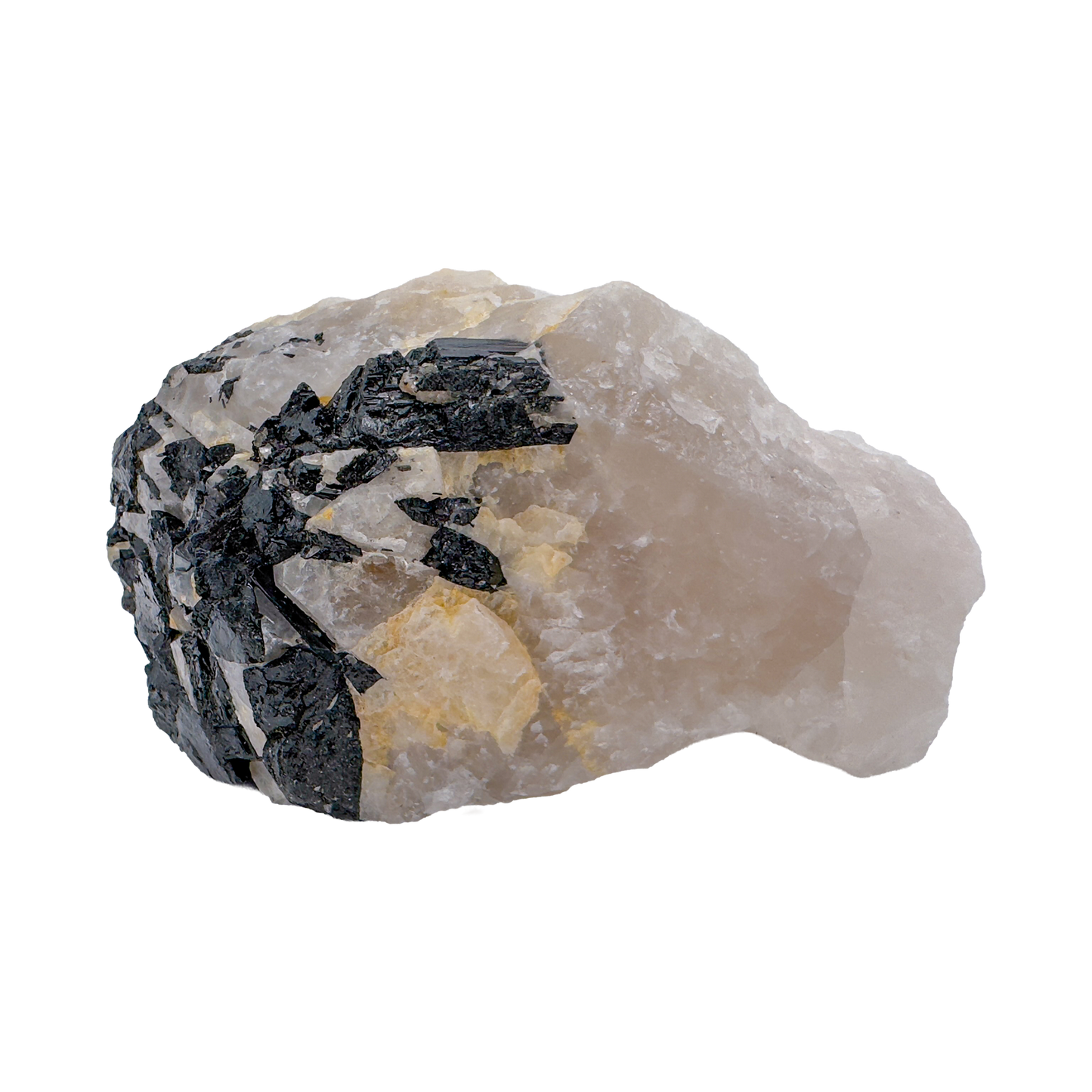 Rose Quartz with Black Tourmaline specimen from Brazil — flat lay view