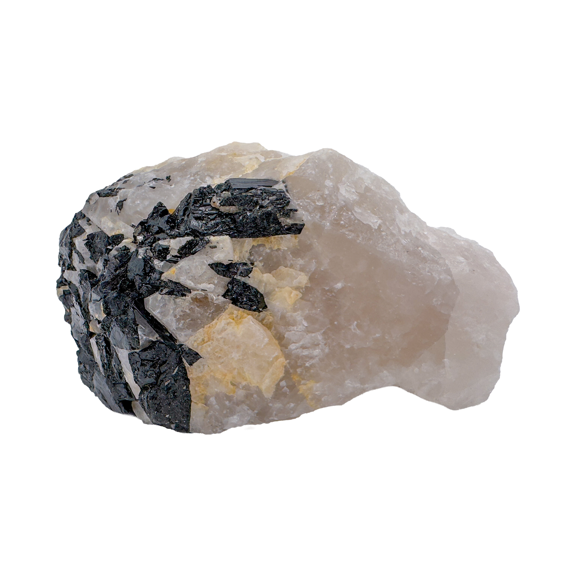 Rose Quartz with Black Tourmaline specimen from Brazil — flat lay view