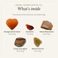 What's inside the Sacral Chakra Crystal Kit: orange calcite heart 20 to 50 g, carnelian 5 to 20 g, peach moonstone 20 to 50 g, crazy lace agate 20 to 50 g, natural citrine 10 to 30 g, drawn in true proportion to each other