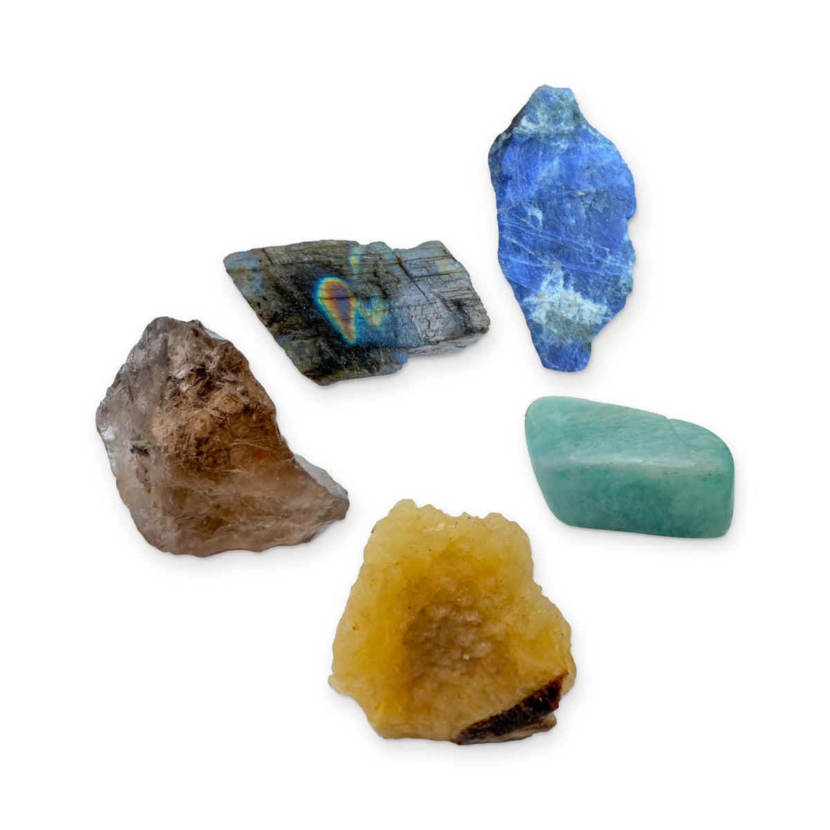 Sagittarius Crystal Kit: labradorite, sodalite, amazonite, septarian and smoky quartz, shown together on white