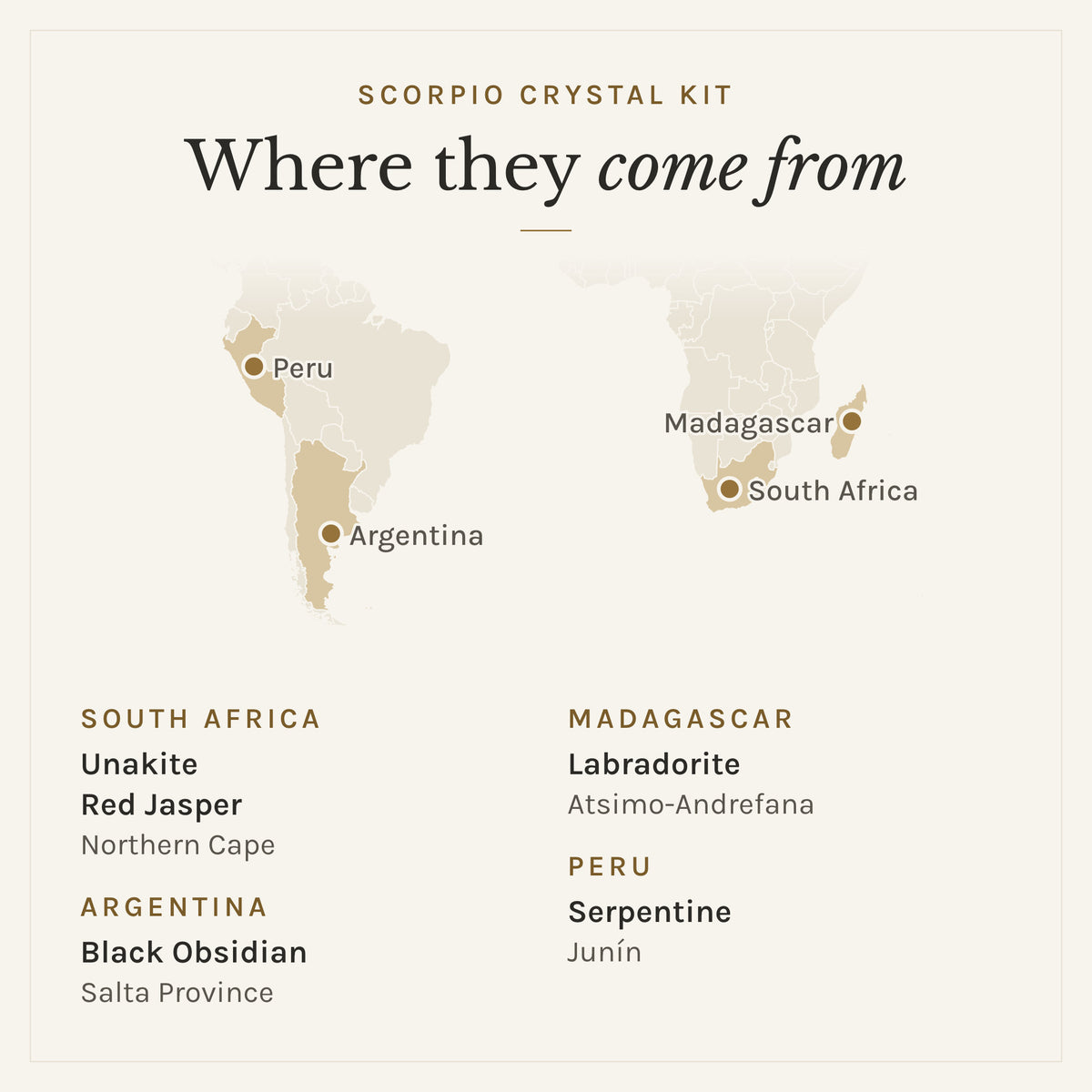 Map of where the stones in the Scorpio Crystal Kit come from: Argentina (black obsidian), Madagascar (labradorite), Peru (serpentine) and South Africa (unakite and red jasper)