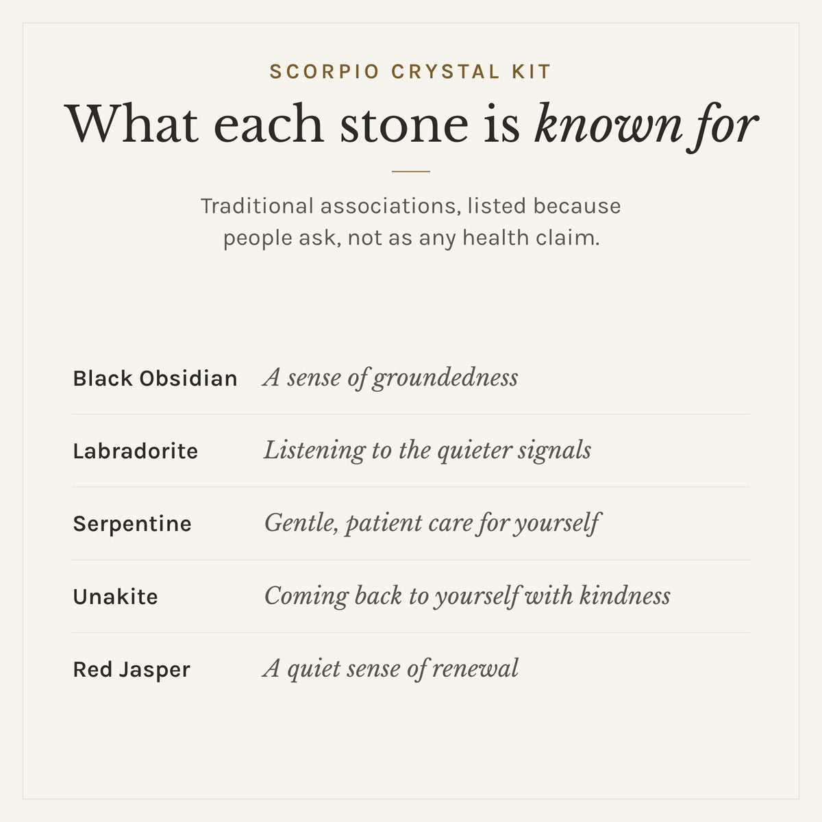 What each stone in the Scorpio Crystal Kit is traditionally known for: black obsidian, a sense of groundedness; labradorite, listening to the quieter signals; serpentine, gentle, patient care for yourself; unakite, coming back to yourself with kindness; red jasper, a quiet sense of renewal. Listed as traditional associations, not health claims