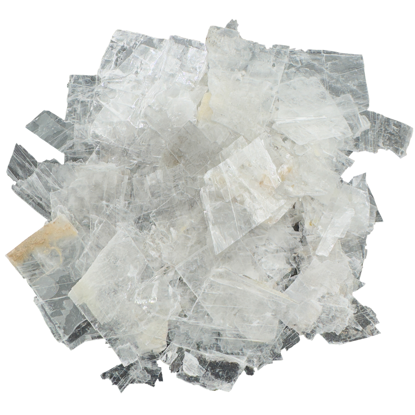 Selenite crystal chips scattered flat lay, AAA grade white gypsum from New Mexico, mixed sand to 2 inch shards