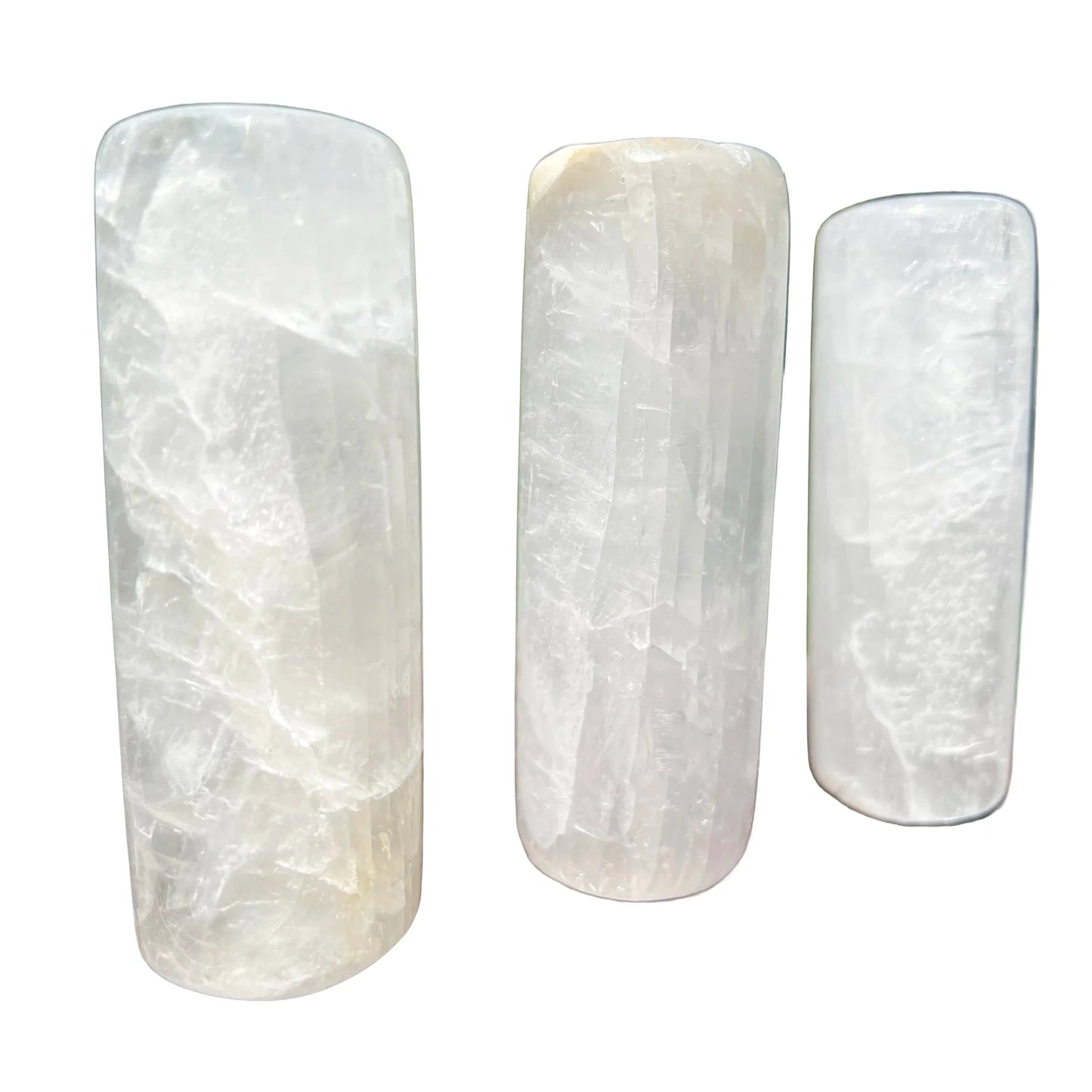Color detail of Selenite polished cylinder, United States-sourced.