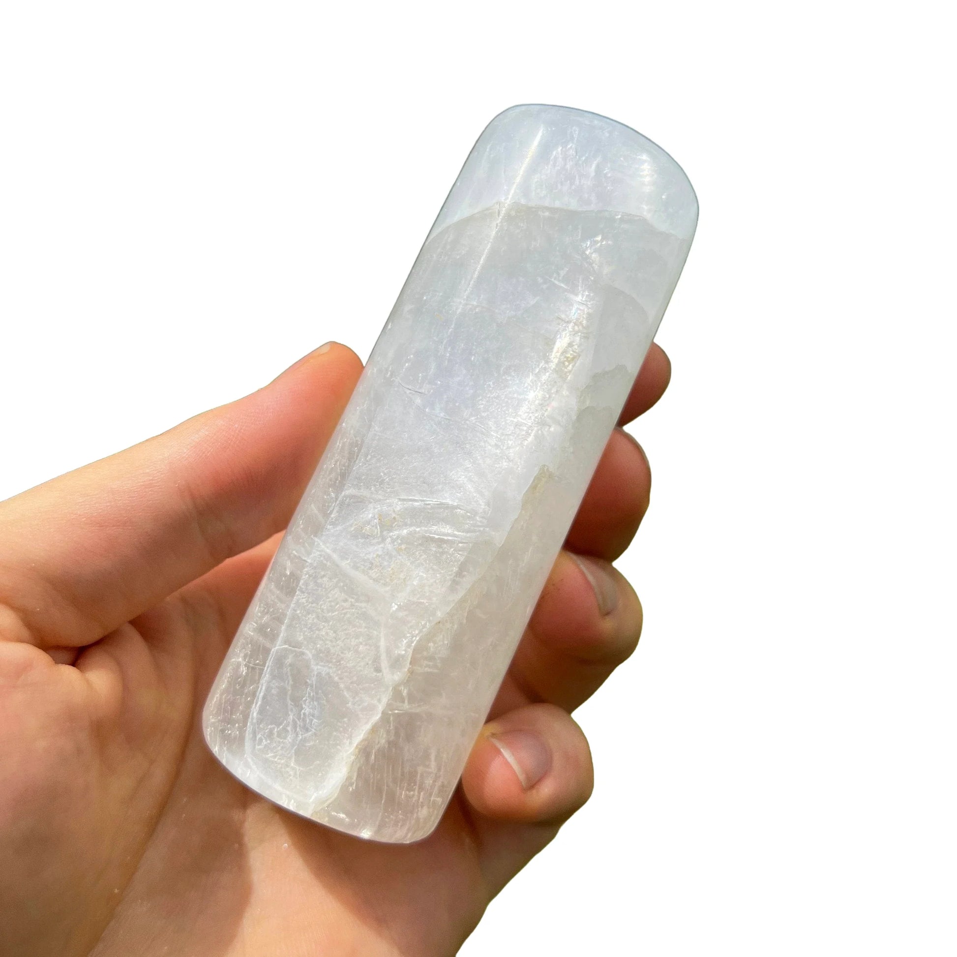 Top angle of Selenite polished cylinder, showing matte finish, from United States.