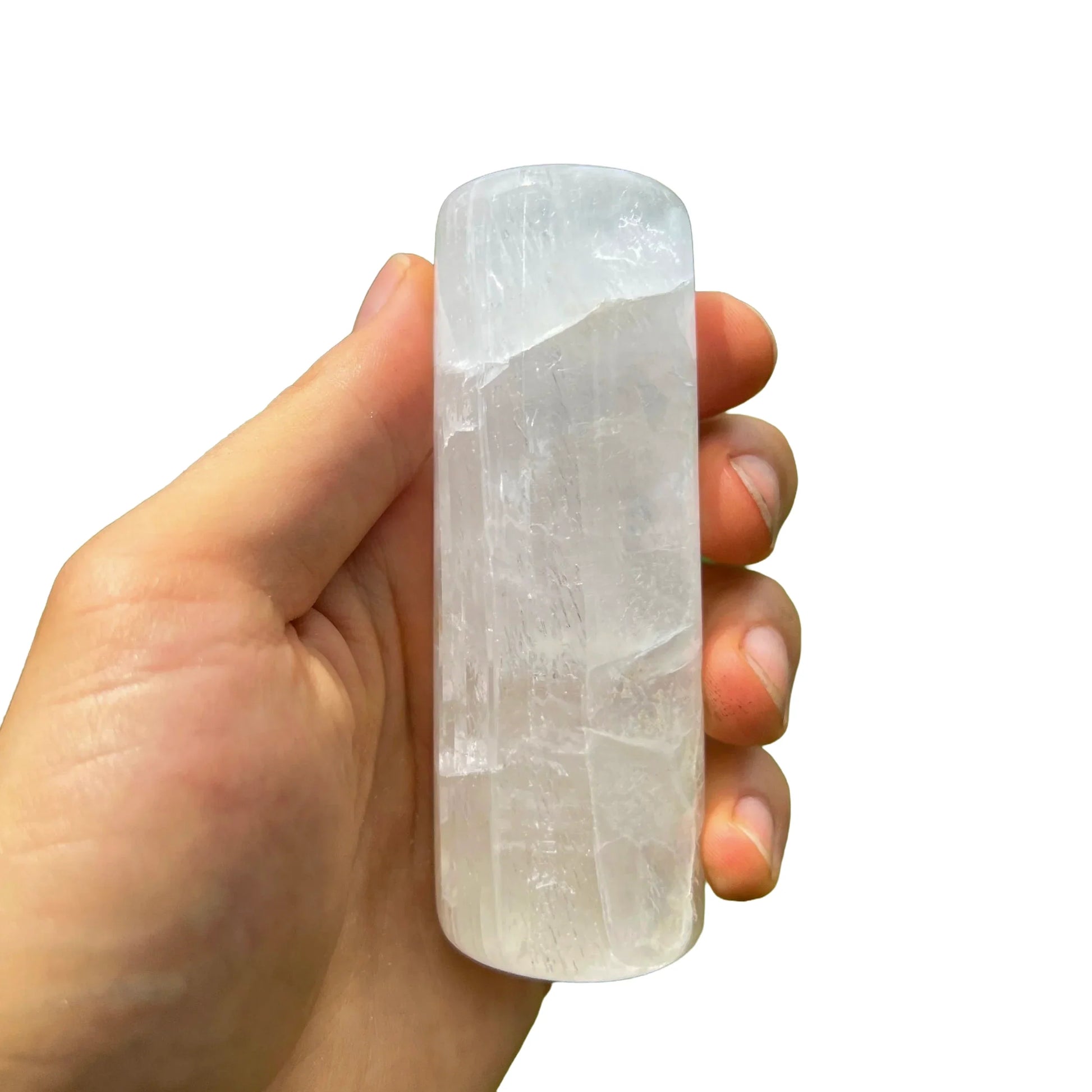 Back view of Selenite polished cylinder, hand-selected from New Mexico, USA.