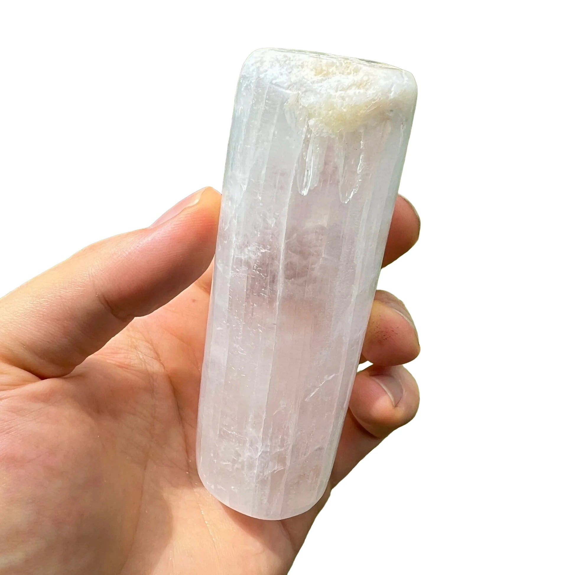 Back view of Grade AAA Selenite polished crystals & decor showing natural surface